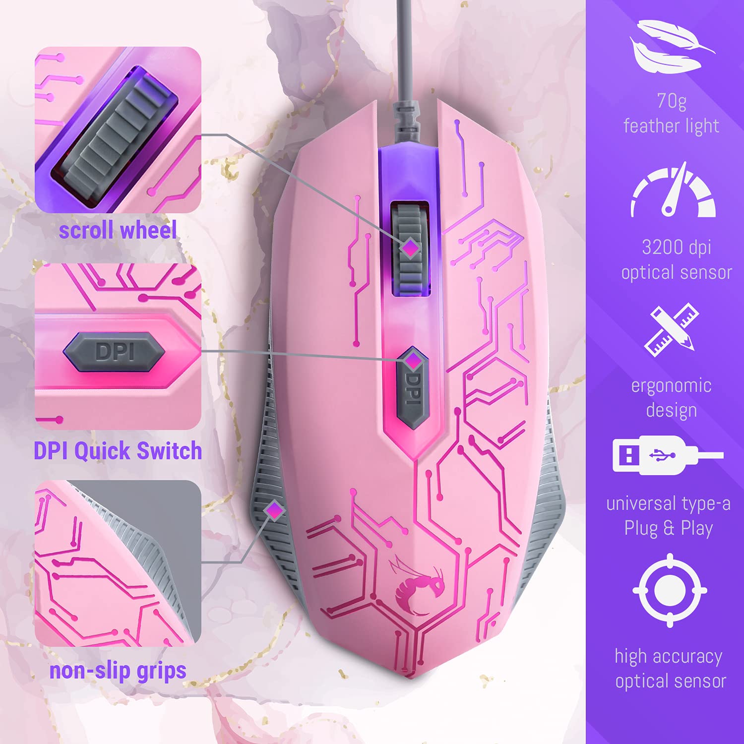 Pink Gaming Keyboard and Mouse Headset Headphones and Mouse pad, Wired LED RGB Backlight Bundle Pink PC Accessories for Gamers and Xbox and PS4 PS5 Nintendo Switch Users - 4in1 Edition Hornet RX-250 - Image 5