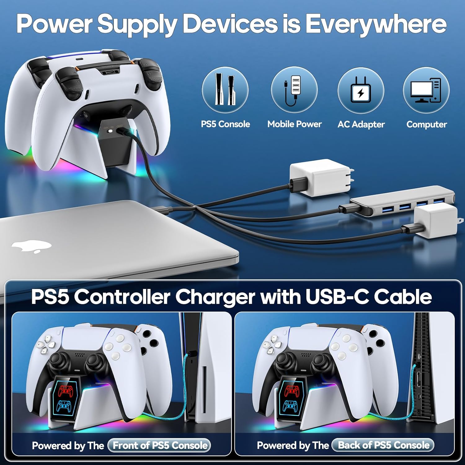 PS5 Controller Charger Station Compatible with PlayStation 5 Faceplates Edge & Dual Controller, 9 RGB PS 5 Accessories Charging Stand, PS5 Dock with LED Indicator, for PlayStation 4 Cooling Systems - Image 3