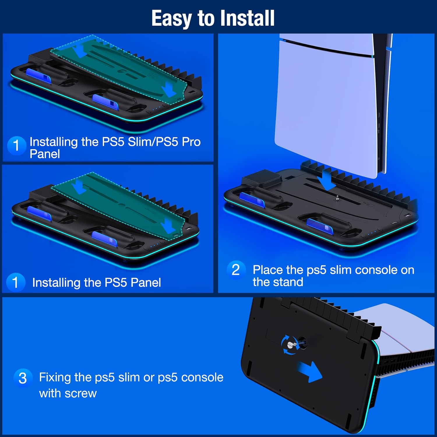 PS5/Slim/Pro Stand and Cooling Station with Controller Charging Station for PlayStation 5 Slim/Pro Console, PS5 Controller Charger, Cooling Stand, LED Light, Headset Holder for PS5 Accessories - Image 6