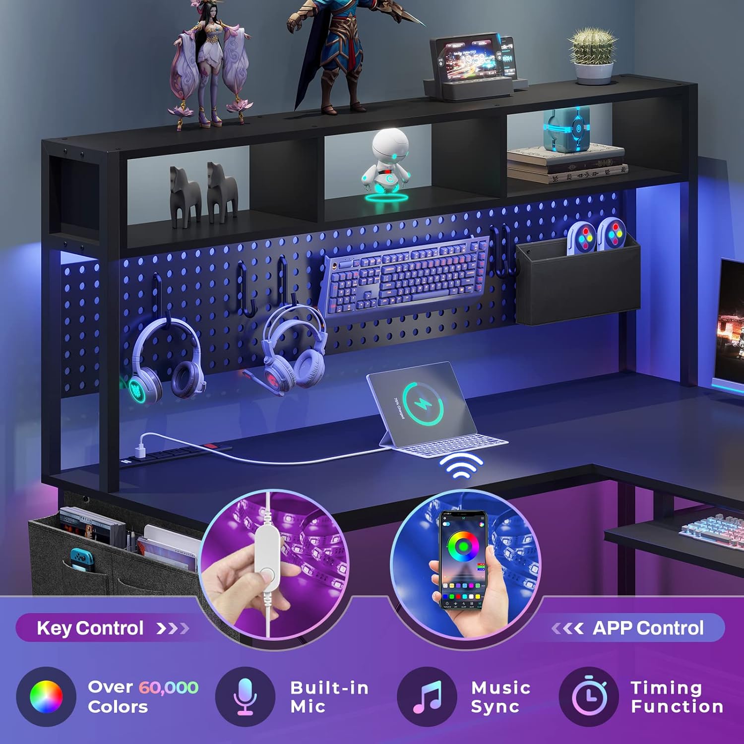 SEDETA L Shaped Gaming Desk, Reversible Computer Desk with Power Outlet and Pegboard, Gaming Desk with Led Lights, Keyboard Tray and Storage Bag for Home Office, Black - Image 4