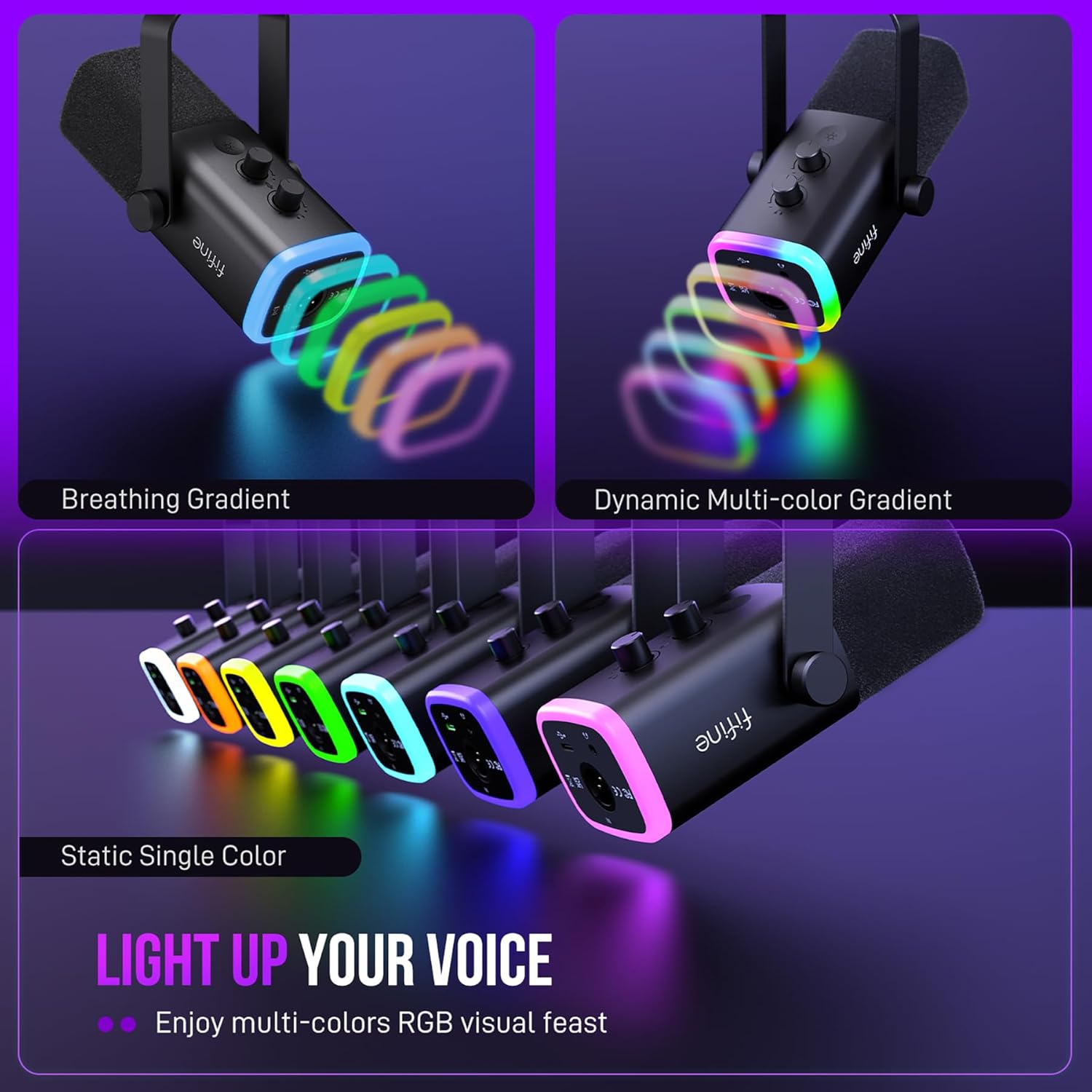 FIFINE XLR/USB Gaming Microphone Set, Dynamic PC Mic for Streaming Podcasting, Computer RGB Mic Kit with Boom Arm Stand, Mute Button, Headphones Jack, for Recording Vocal Voice-Over-AmpliGame AM8T - Image 5