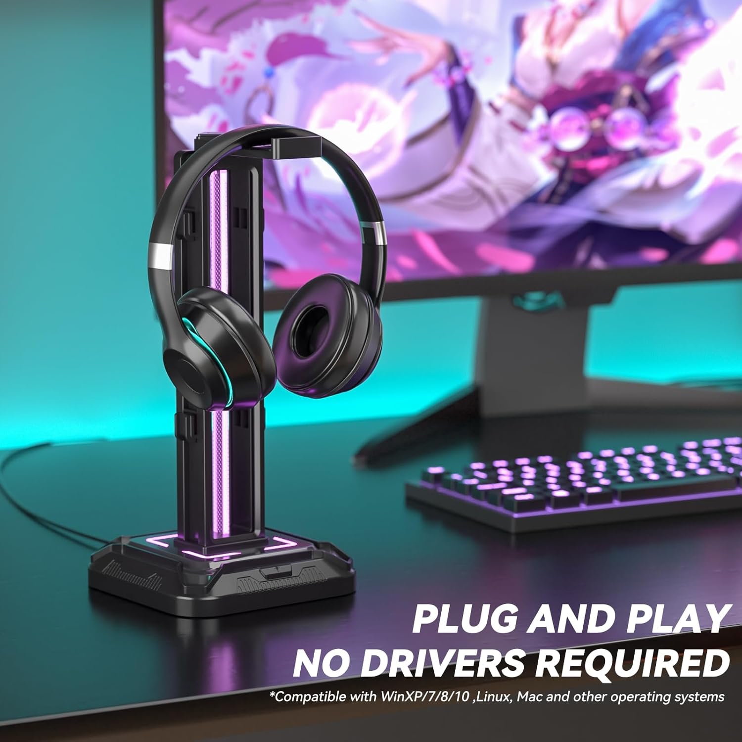 KDD RGB Headset Stand with 9 Light Modes - Controller Holder for Desk - Rotatable Headphone Stand & Detachable Controller Hook for PC Earphone Accessories(Black) - Image 2