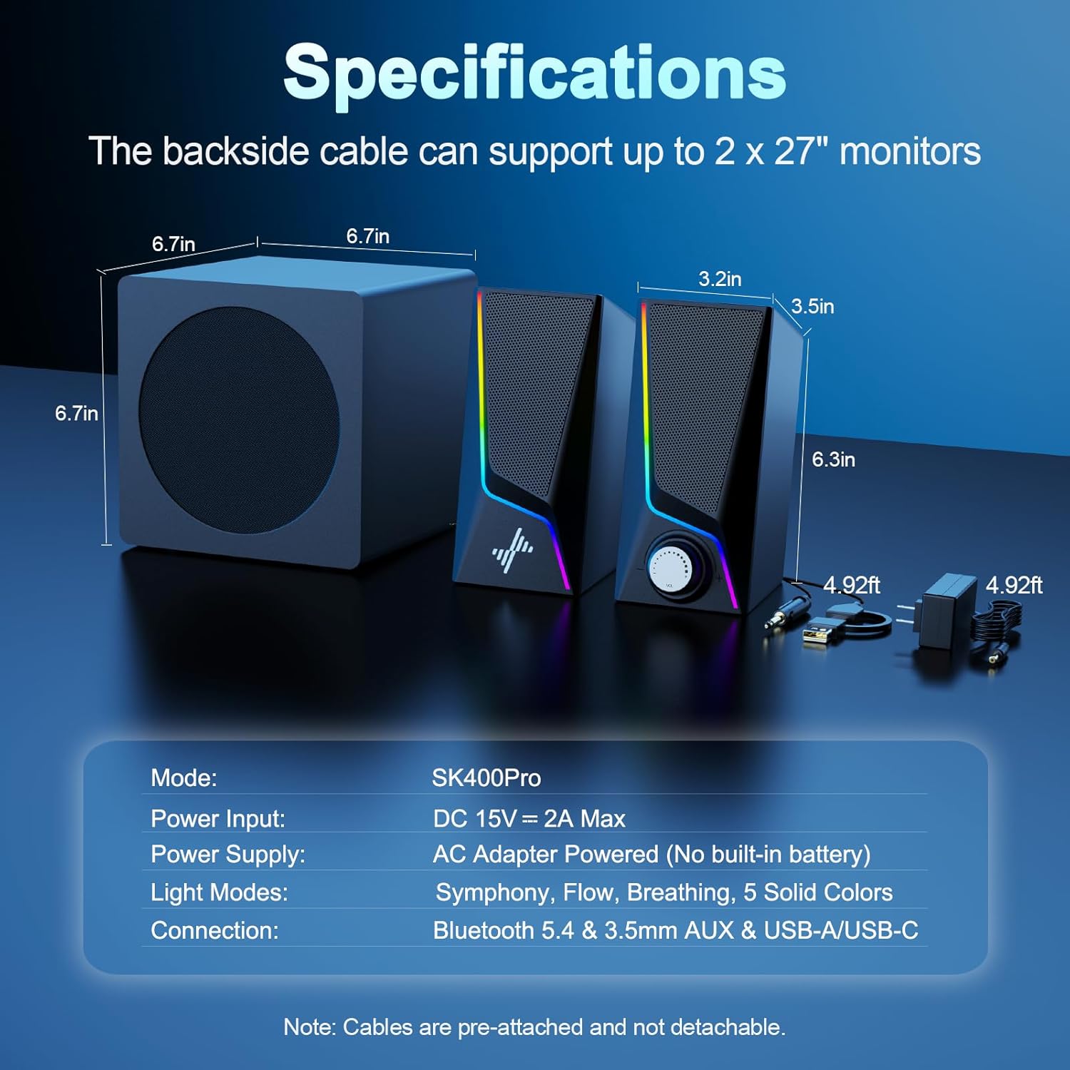 Nylavee Computer Speakers with Subwoofer, 2.1 PC Speakers System with 8 Lighting Modes, 60W Peak Power, AC Adapter Powered, Bluetooth 5.4, USB/USB-C and 3.5mm Aux in for Desktop, Monitor, Gaming - Image 7