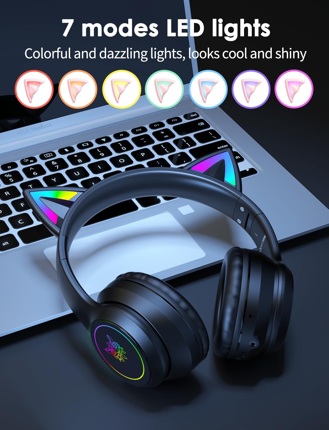 Cat Ear Bluetooth Headphones for Kids & Adults, 55H Play Time, Wireless Foldable & Wired Multi-Function LED Light Up Over Ear Headphones with Mic and Volume Control for iPhone/iPad/Laptop/PC - Image 3