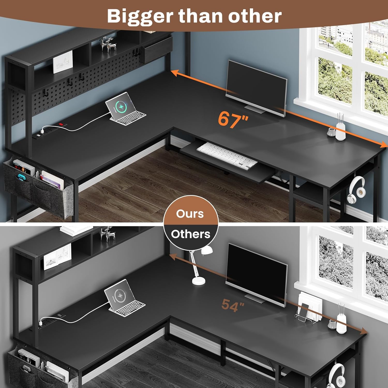 SEDETA L Shaped Gaming Desk, Reversible Computer Desk with Power Outlet and Pegboard, Gaming Desk with Led Lights, Keyboard Tray and Storage Bag for Home Office, Black - Image 8