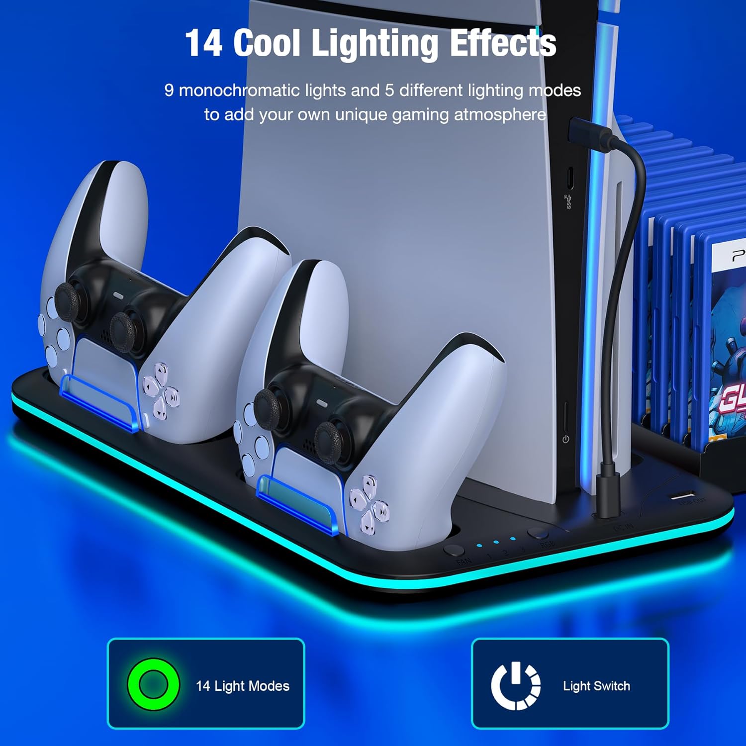 PS5/Slim/Pro Stand and Cooling Station with Controller Charging Station for PlayStation 5 Slim/Pro Console, PS5 Controller Charger, Cooling Stand, LED Light, Headset Holder for PS5 Accessories - Image 5
