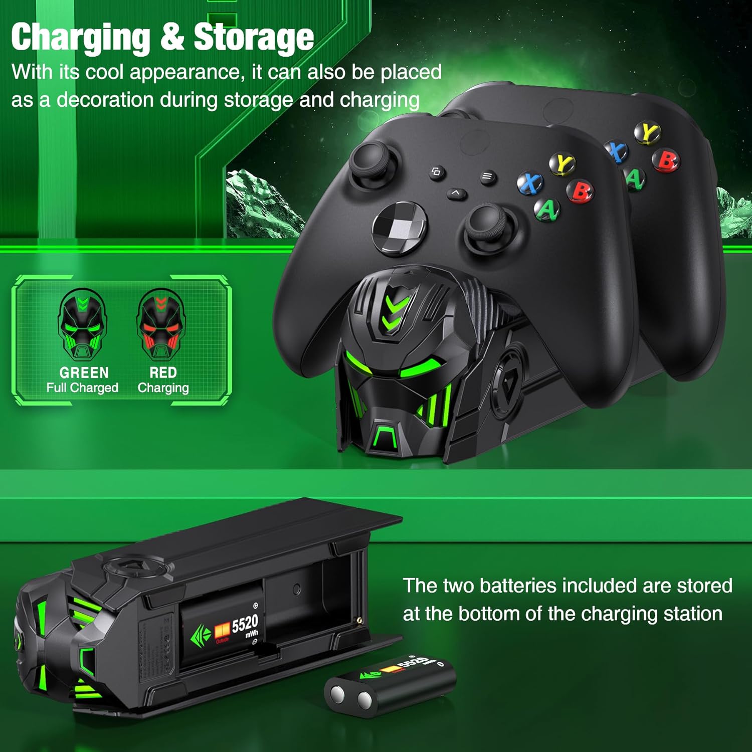 Charger Station Compatible with Xbox Controllers, 2x5520mWh Rechargeable Battery Pack for Xbox One/Series X|S Controllers with Dual Charging Dock and 4 Covers (Controller Not Included) - Image 2