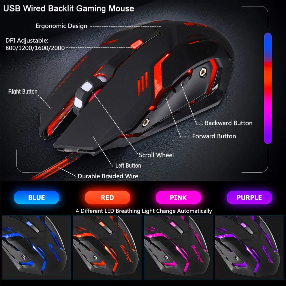 BlueFinger RGB Gaming Keyboard and Backlit Mouse Combo, USB Wired, LED Gaming Set for Laptop PC Computer Game and Work - Image 6