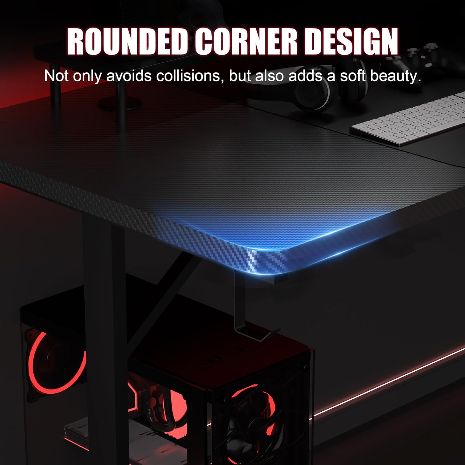 GTPLAYER 55 Inch Gaming Desk with LED Lights, Large Computer Desk with Mouse Pad for Home Office, T-Shaped Carbon Fibre Surface PC Game Workstations with Headphone Hook - Image 7