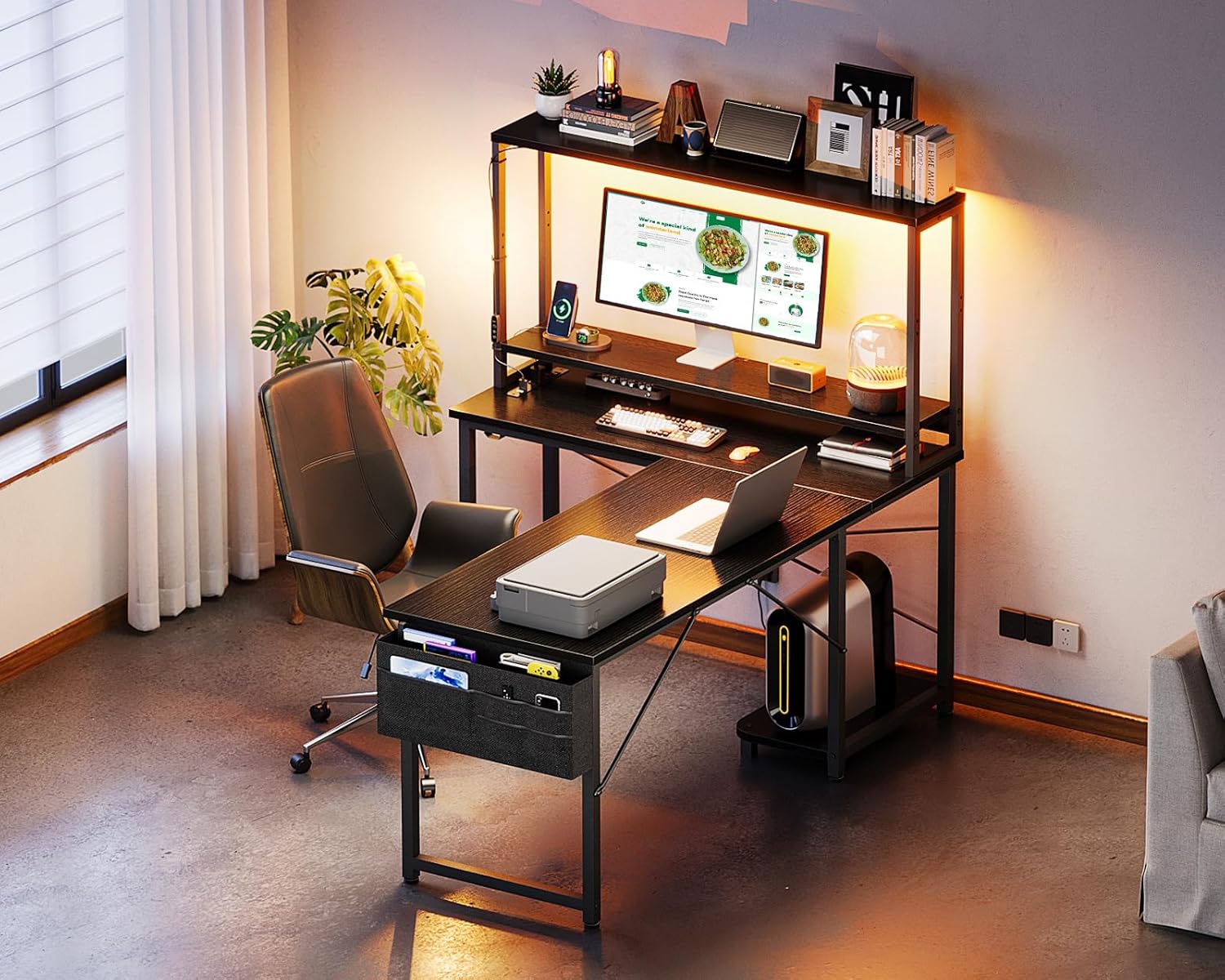 ODK 53 Inch L Shaped Gaming Desk with LED Lighting, Reversible Desk with Power Outlets, Cornor Computer Table with Storage Shelves & Bag & Iron Hook, Home Office Table for Writing, Study, Black - Image 9