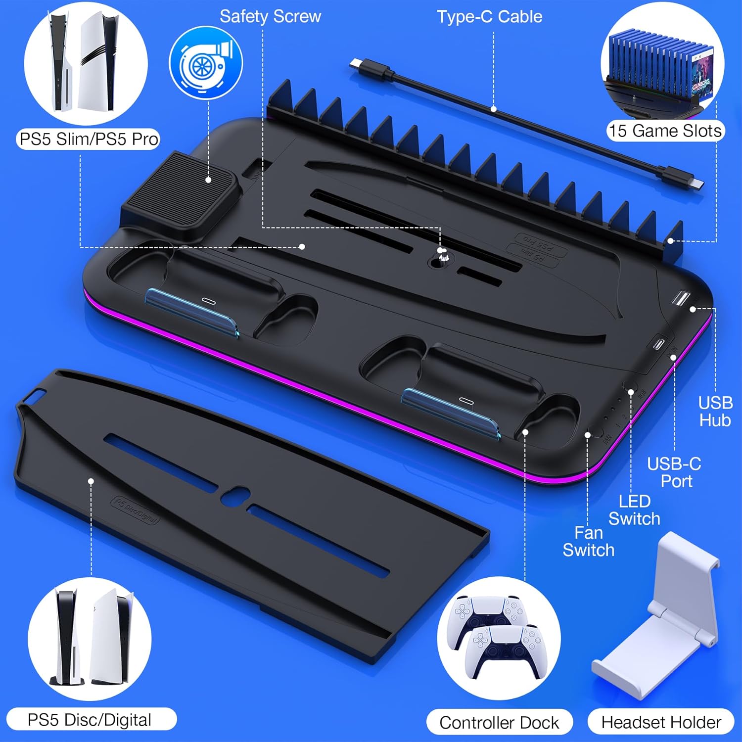 PS5/Slim/Pro Stand and Cooling Station with Controller Charging Station for PlayStation 5 Slim/Pro Console, PS5 Controller Charger, Cooling Stand, LED Light, Headset Holder for PS5 Accessories - Image 7
