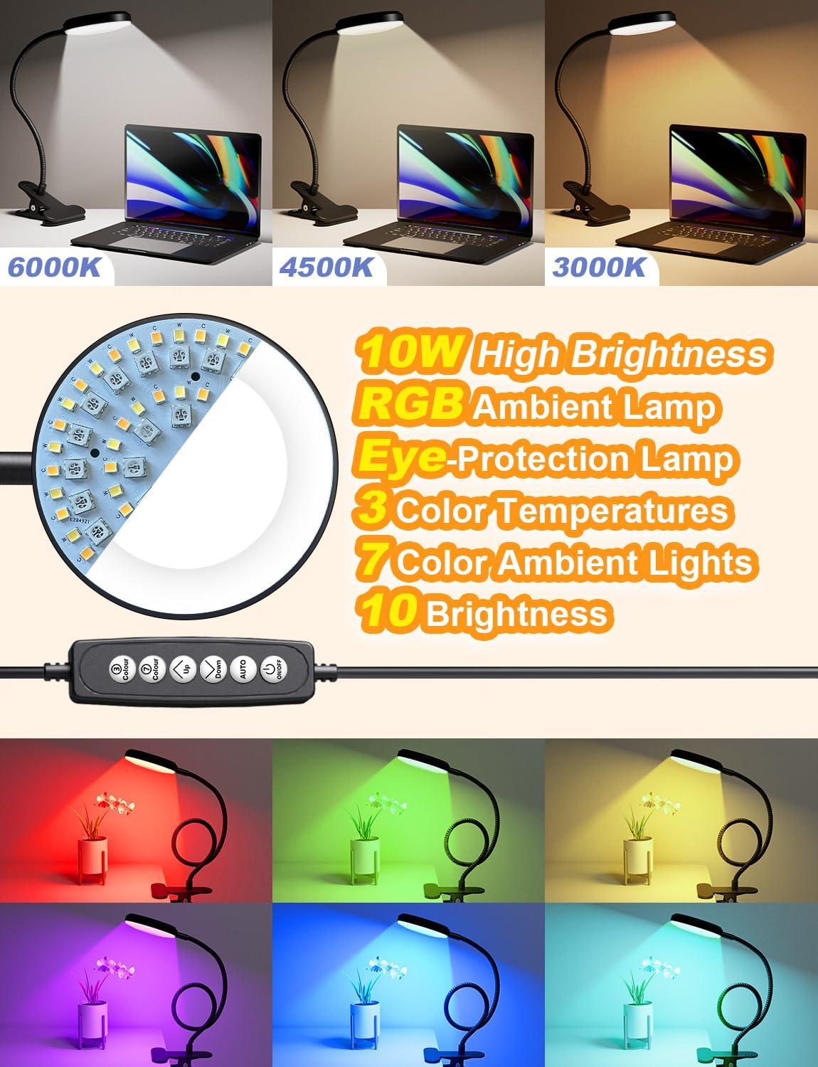 Desk Lamp with Clamp-10W,2-in-1 with RGB Ambient & Warm White Light,Book Reading Light Color Changeable/Flexible Gooseneck LED Lamps Clip on Bed Headboard and Computers 800LM-Black - Image 2