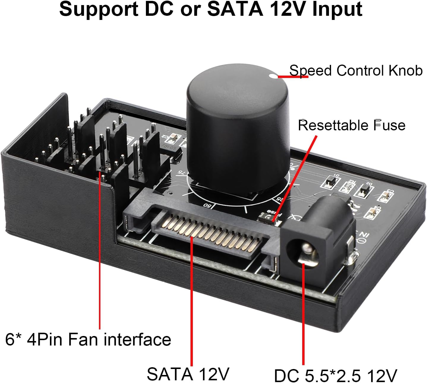 4 Pin 12V PWM Fan Controller 6 Fans Supported , PC Fan Adapter Hub Powered by SATA and DC 5525, Cooling Fan Speed Knob with Max Total 60W 5A Output - Image 2