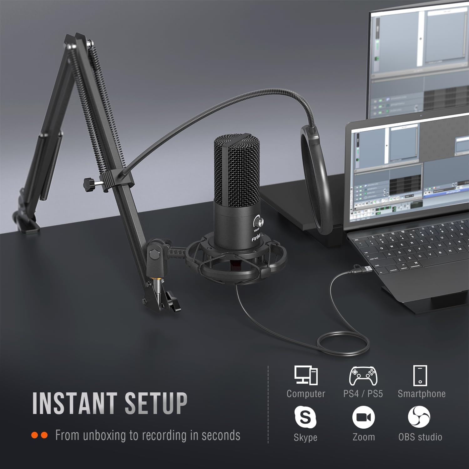 FIFINE Studio Condenser USB Microphone Computer PC Microphone Kit with Adjustable Boom Arm Stand Shock Mount for Instruments Voice Overs Recording Podcasting YouTube Vocal Gaming Streaming-T669 - Image 5