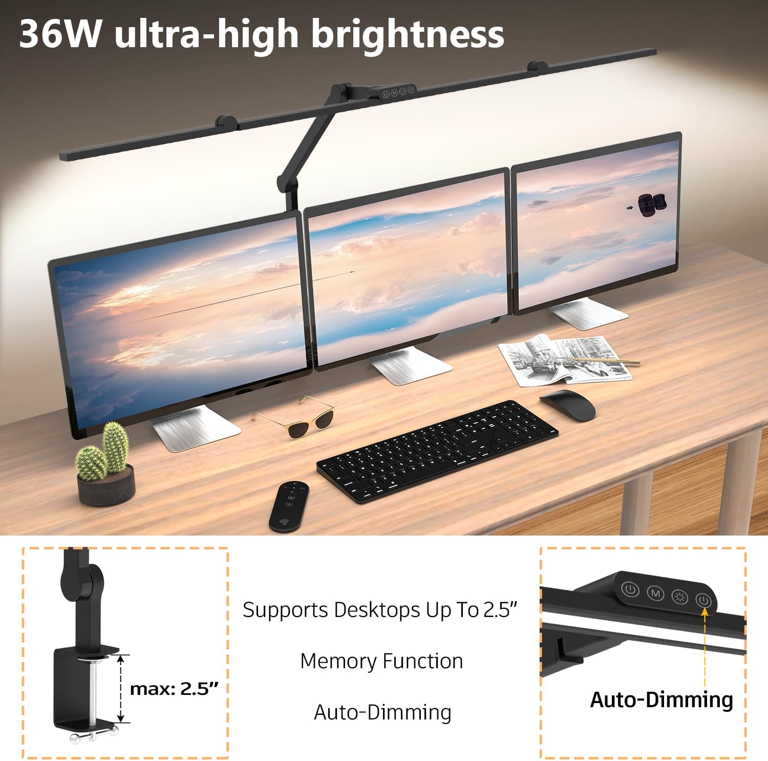 3000 Lumen Ultra Bright Architect Desk Lamp with Clamp, 36W Tall Overhead Led Desk Light for Home Office, 47Inch Long Dimmable Computer Monitor Light Bar with Remote for Table Desktop Drafting - Image 2