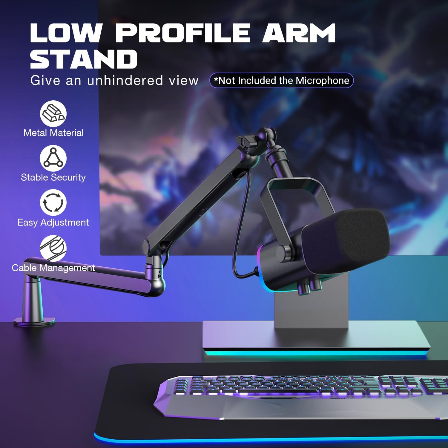 FIFINE Microphone Boom Arm, Low Profile Adjustable Stick Microphone Arm Stand with Desk Mount Clamp, Screw Adapter, Cable Management, for Podcast Streaming Gaming Studio-BM88 - Image 2
