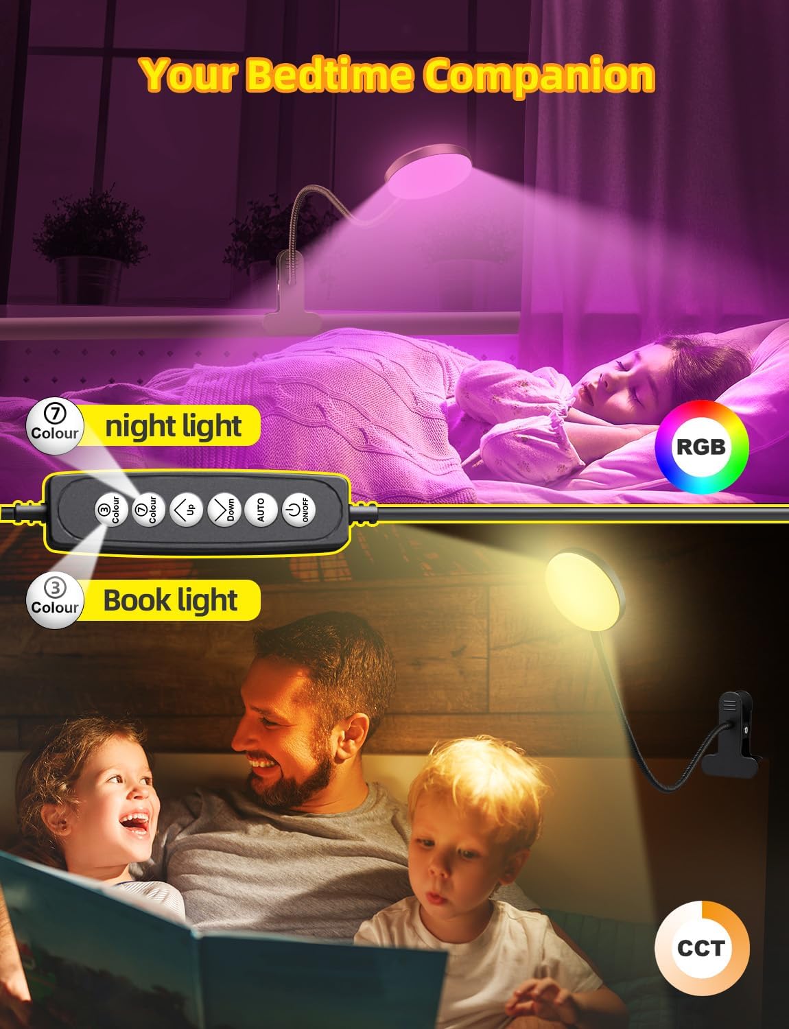 Desk Lamp with Clamp-10W,2-in-1 with RGB Ambient & Warm White Light,Book Reading Light Color Changeable/Flexible Gooseneck LED Lamps Clip on Bed Headboard and Computers 800LM-Black - Image 3