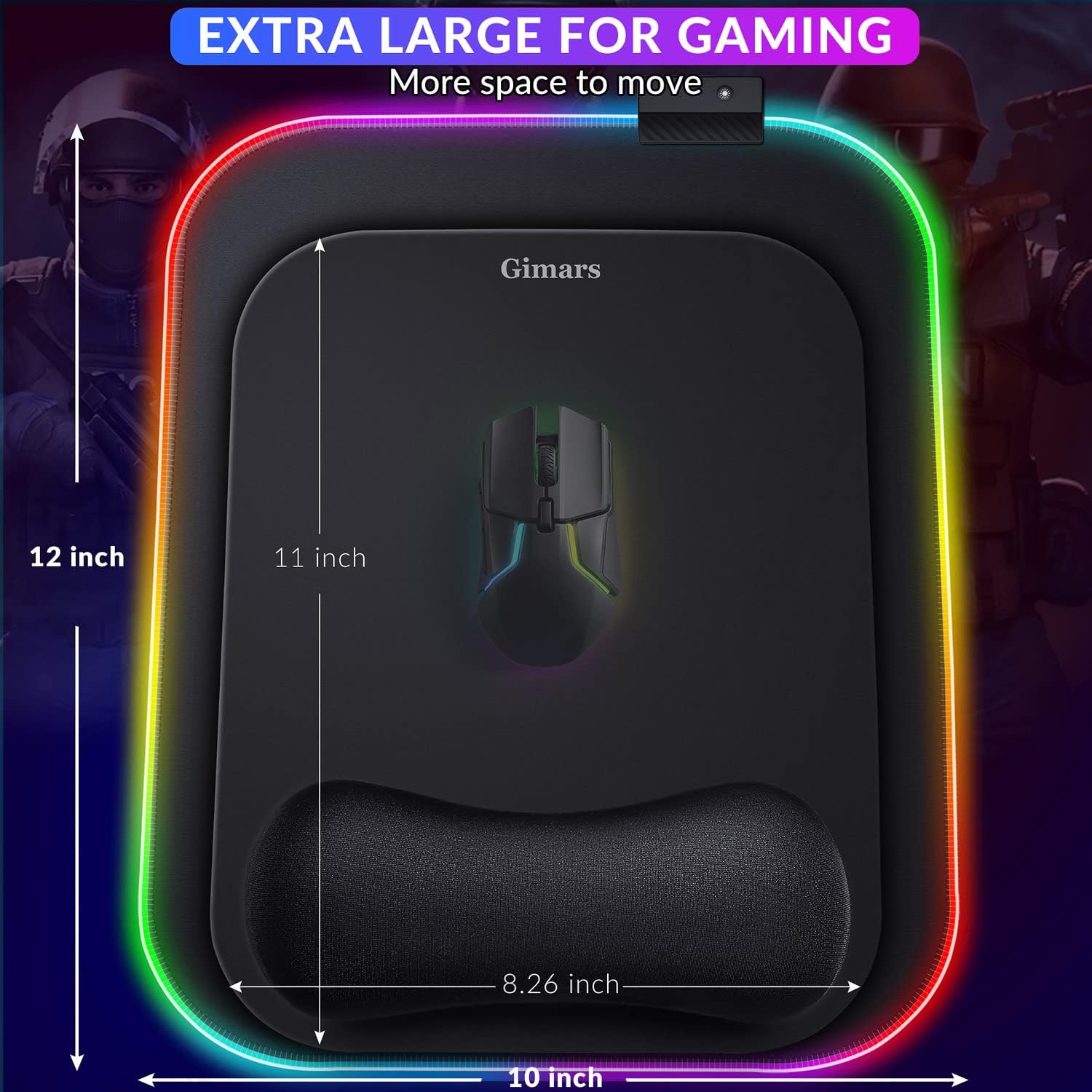 Gimars RGB Mouse Pad with Wrist Rest Support, 12 x 10 in Extra Large Ergonomic Gaming Mouse Pad with 10 LED Lighting Modes, Non-Slip Rubber Base for PC Gaming & Office - Image 2