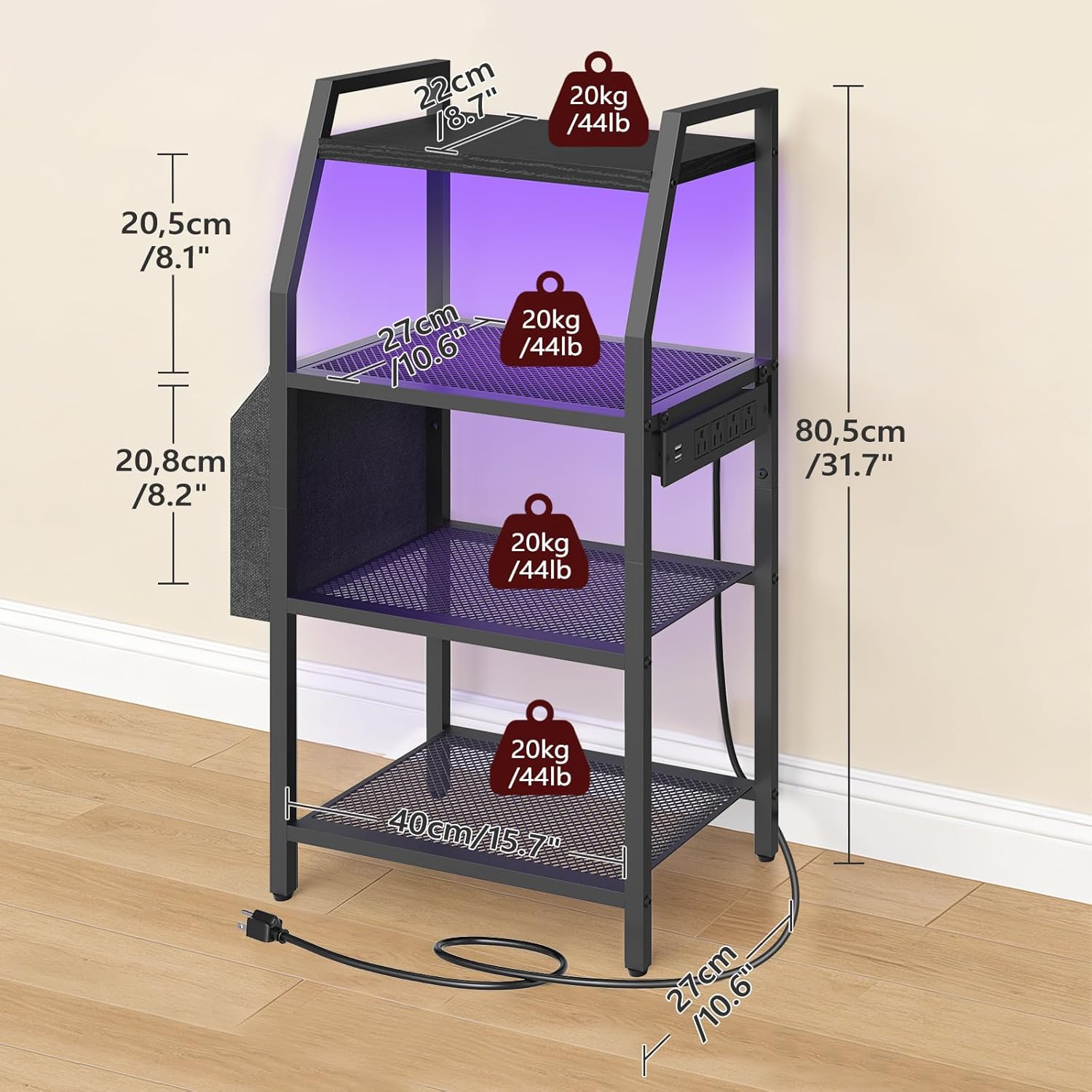 MAHANCRIS 4-Tier AV Media Stand with Power Outlet & LED Lights, Game Console Shelf with Side Storage Bag, Corner Stereo Stand Rack Audio Tower for Small Video DVD Players and Boxes, Black MSBK01E01 - Image 3