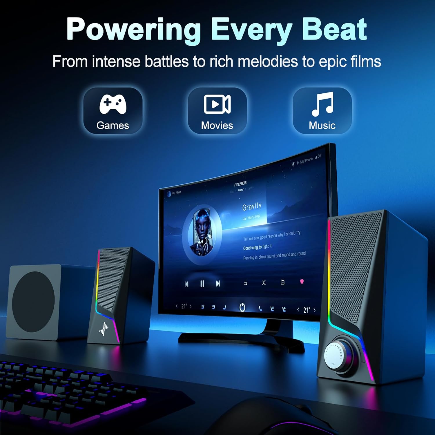 Nylavee Computer Speakers with Subwoofer, 2.1 PC Speakers System with 8 Lighting Modes, 60W Peak Power, AC Adapter Powered, Bluetooth 5.4, USB/USB-C and 3.5mm Aux in for Desktop, Monitor, Gaming - Image 6