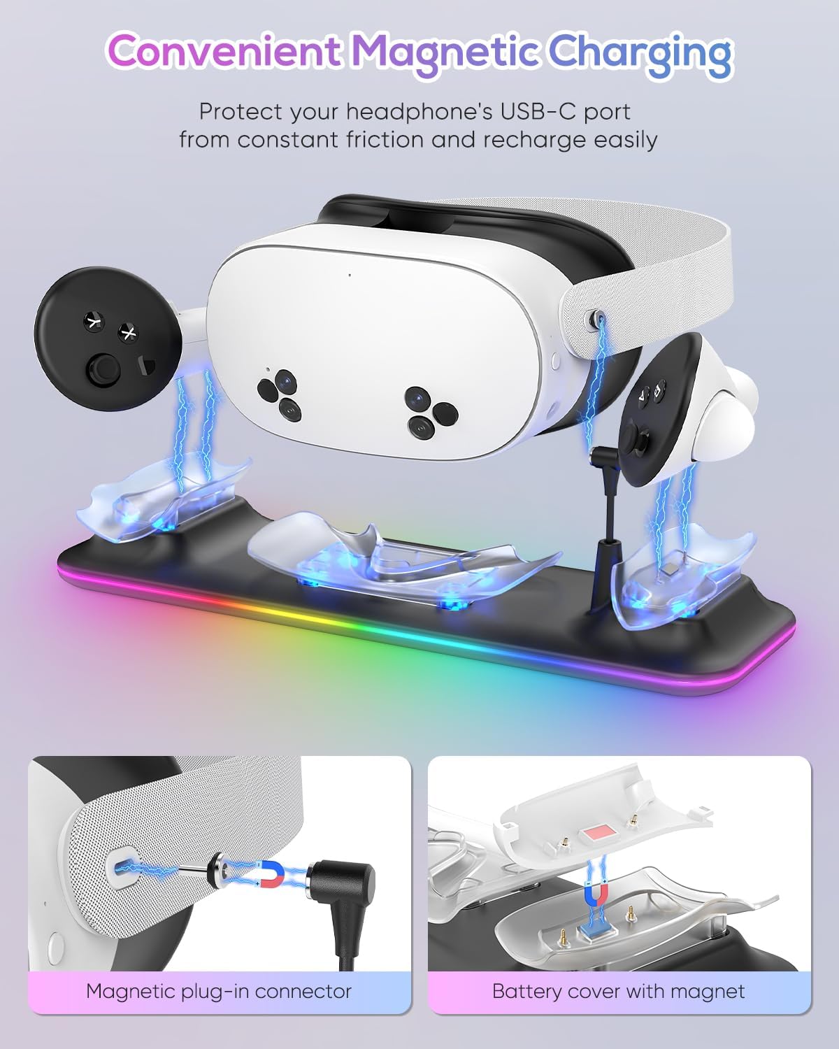 Charging Dock for Meta Quest 3S/3, Kinwin Magnetic Charging Station for Oculus Quest 3S/3 Accessories with RGB Light, Charging Stand for VR Headset & Controller with 2 Rechargeable Batteries (Black) - Image 5