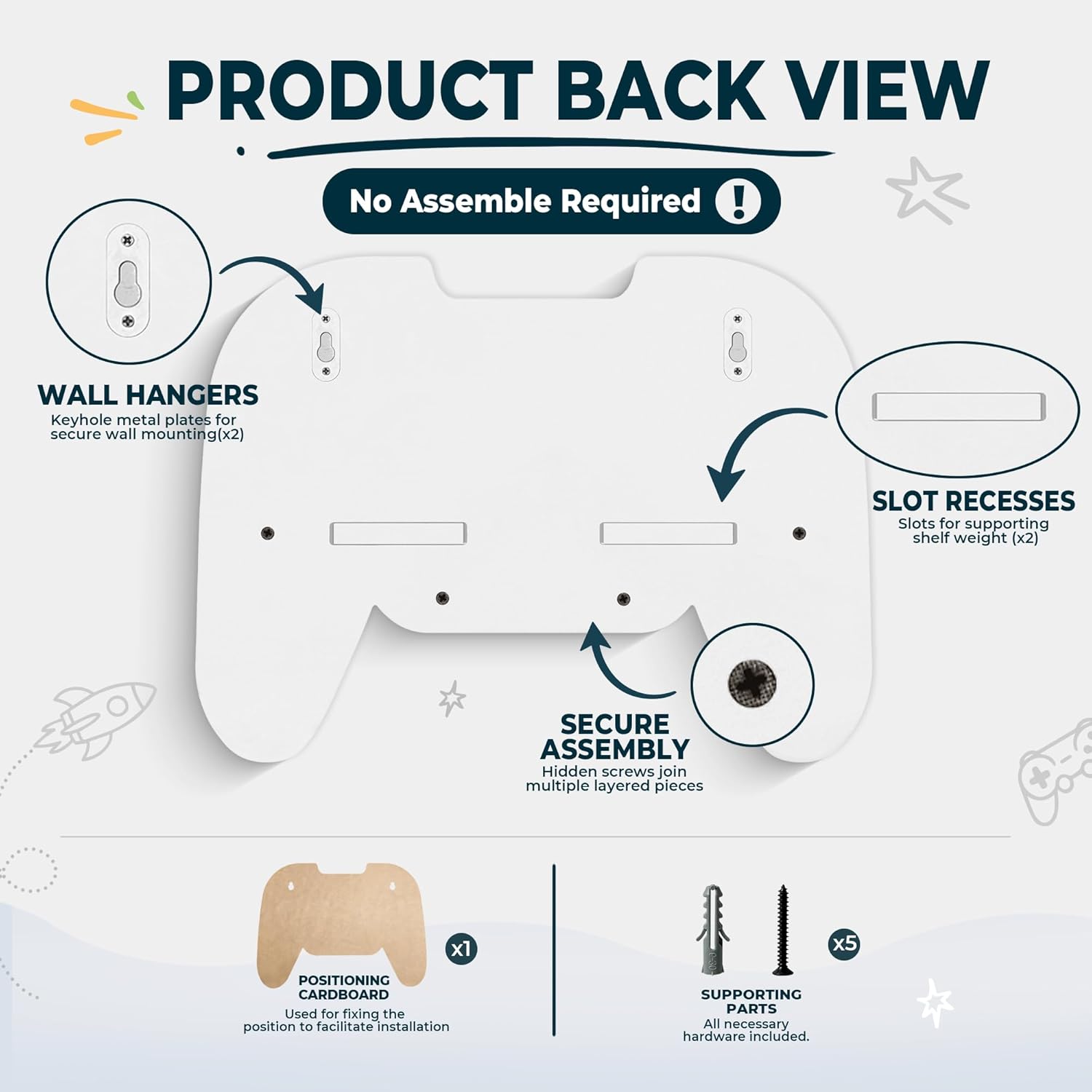 Gaming Room Decor Floating Shelves Set of 2, Controller Wall Shelf with Headphone Hooks, Gamer Wall Decor for Teen Boys Bedroom, Black & White - Image 4