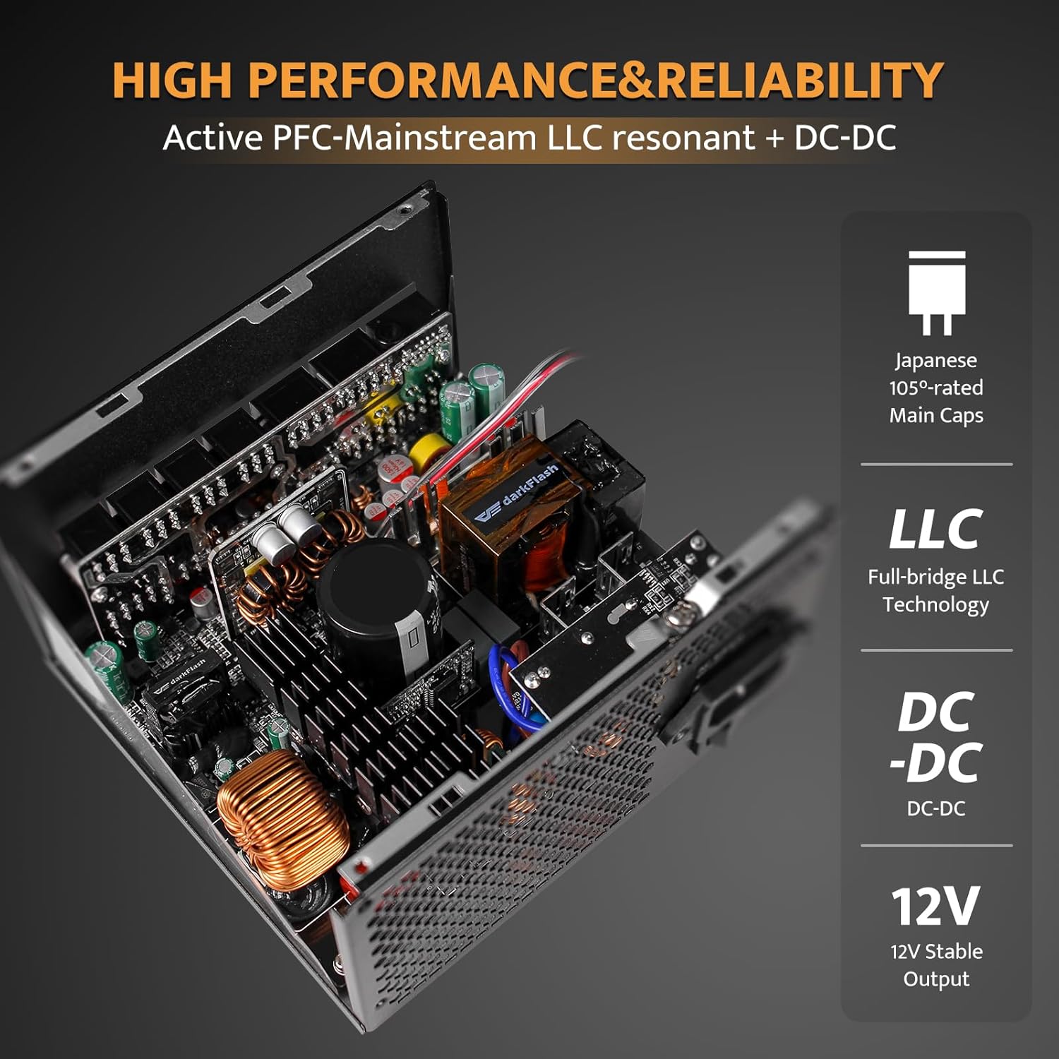 darkFlash PMT Fully Modular Power Supply ATX 3.1& PCIe 5.1 Ready, 2 x 12VHPWR Cable Included, 100% Japanese 105°C Capacitors, 80 Plus Gold Gaming PSU (80+ Gold (ATX 3.1) WT, 850 Watts) - Image 6