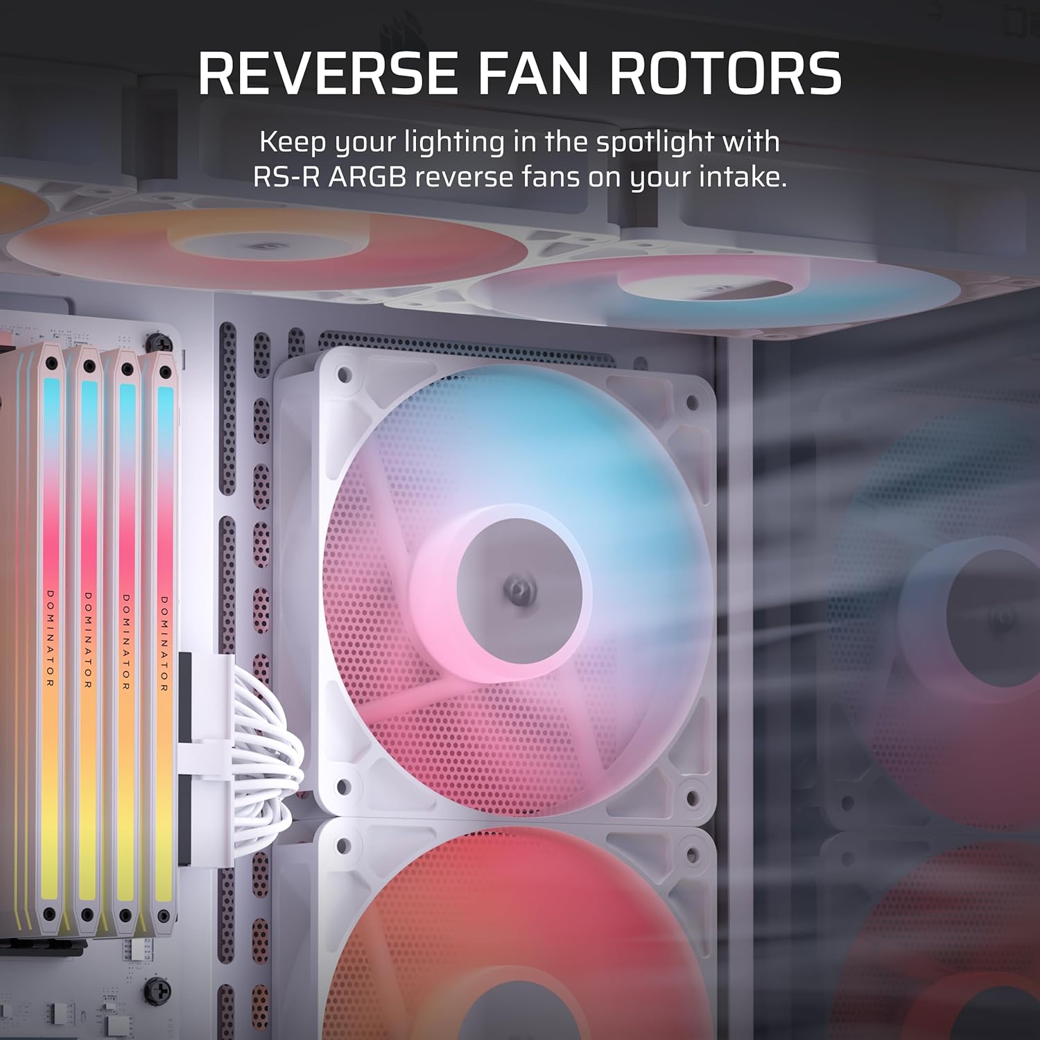 Corsair RS120-R ARGB 120mm PWM ARGB Reverse Fans – Reverse Rotor, +5V ARGB Connections, Eight RGB LEDs, High Static Pressure, Daisy-Chain, Magnetic Dome Bearing, Zero RPM Mode – Triple Pack – White - Image 3
