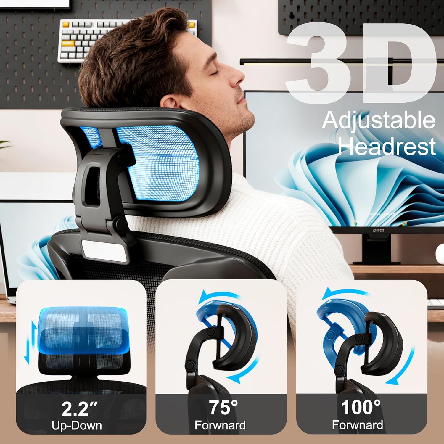 Vonesse Ergonomic Office Chair with Footrest, Desk Chairs with Adjustable 3D Headrest and Armrests, Computer Gaming Chair with Dynamic Lumbar Support & Adjustable Depth Breathable Mesh Seat (Black) - Image 5