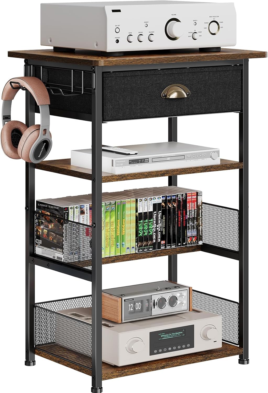 Hongtamoya 4-Tier AV Media Stand with Drawer, Video Game Console Shelf with 2 Hooks, Audio Rack Tower Perfect for/Xbox/ PS5/Switch/Game Consoles/DVD/Record Player/Projector/Sky Box/TV Accessories - Image 8