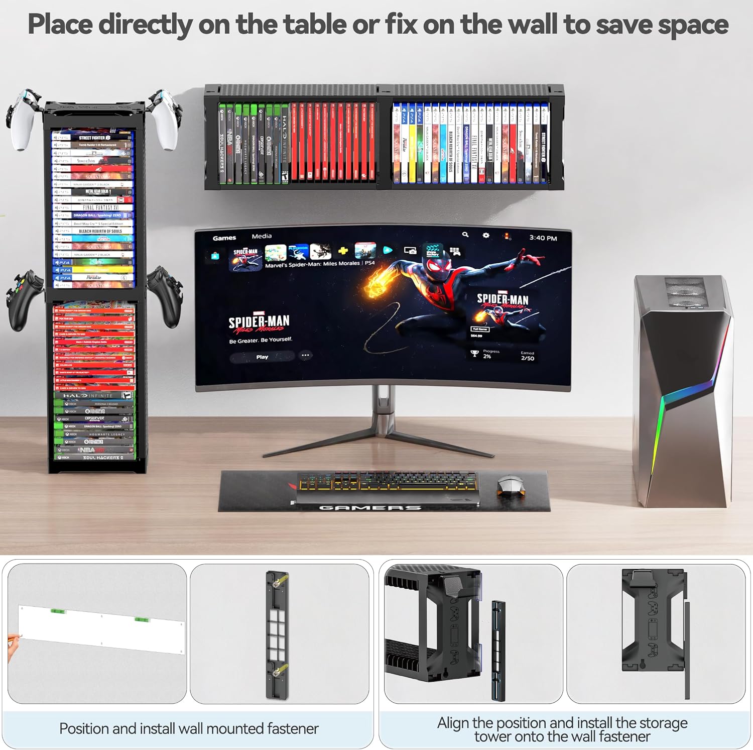 Video Game Disc Rack Tower Storage Holder Stand Universal for PS5/PS4/XBOX One/Series/NS Game, Game Organizer Shelf Display Stand for Wall Mount/Desk/Floor with Controller Holder Sega Genesis Consoles - Image 4