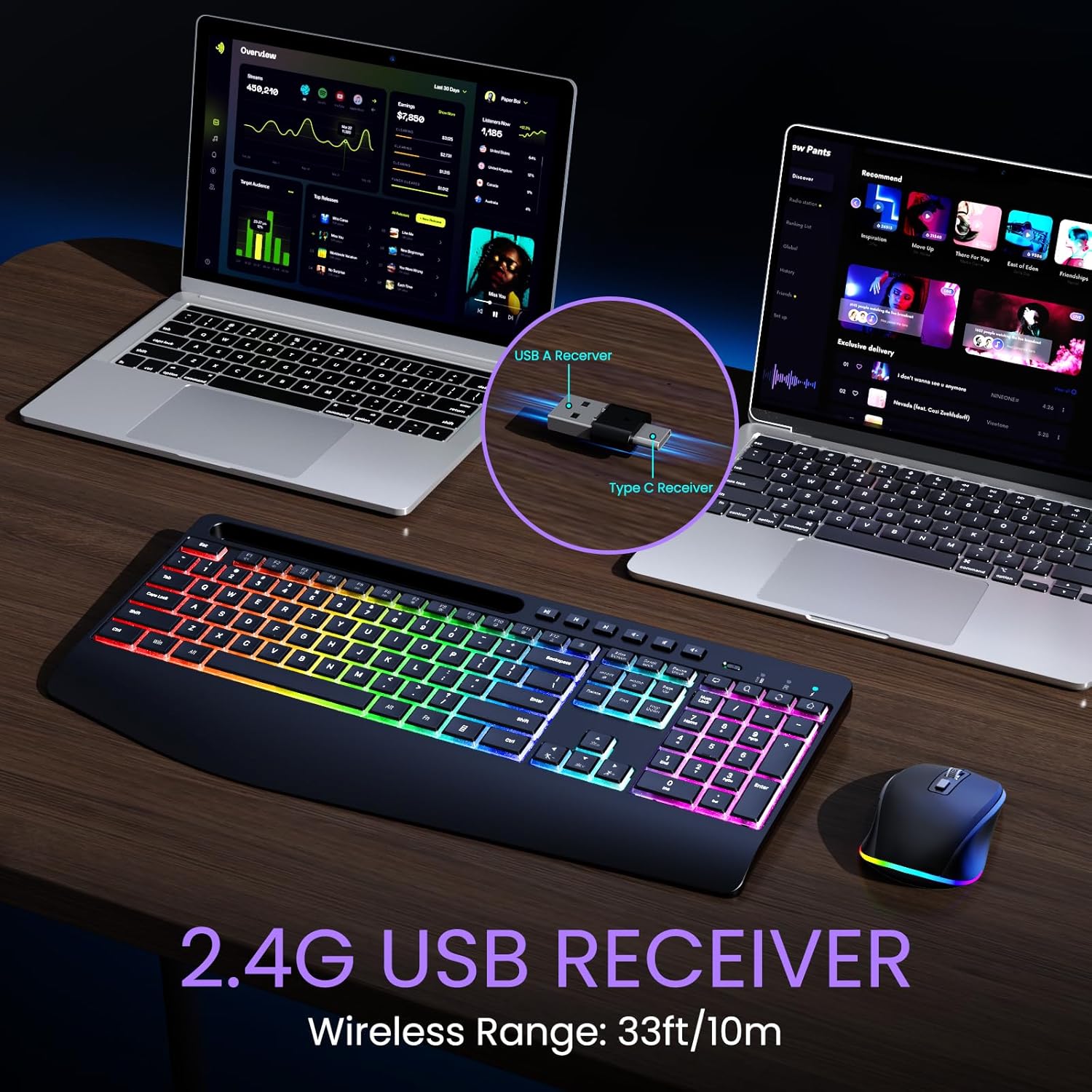 Wireless Keyboard and Mouse Combo- VEILZOR 2.4G Rechargeable Keyboard with Phone Holder, Ergonomic Wrist Rest, 9 RGB Backlit Effects, Silent Keyboard Mouse Set for Windows, Laptop, PC - Image 6