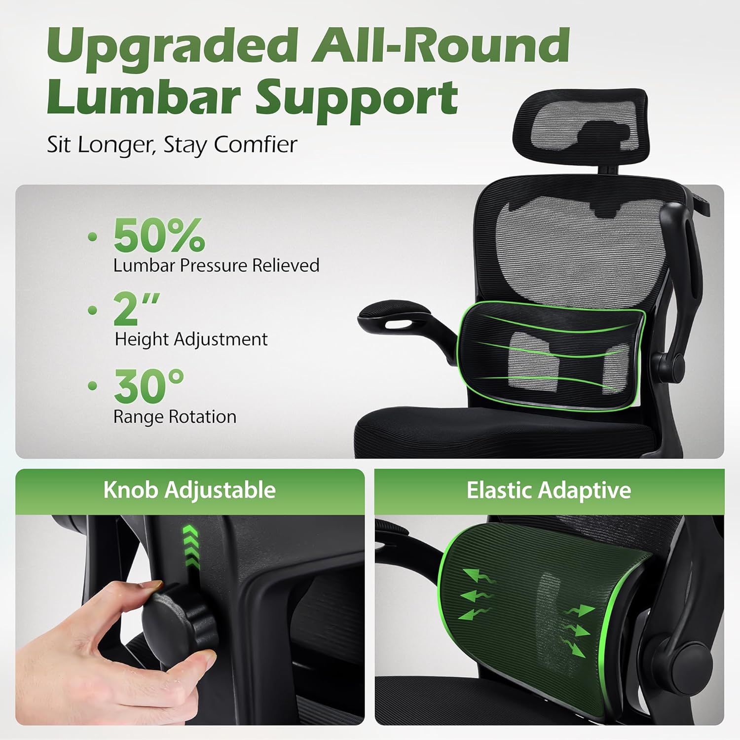 AreShark Office Chair Ergonomic Desk Chairs with Adjustable Lumbar Support& Headrest Hanger, High Back Breathable Mesh Chair with Wheels, Rolling Swivel Comfy Task Computer Chair for Home Work Gaming - Image 4