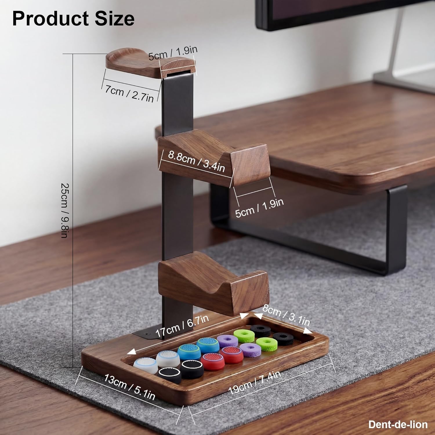 2-in-1 Solid Wood Headset Stand with Dual Game Controller Holder, Gaming Headphone Stand with Storage Base, 6 Joystick Sponge Rings and 8 Thumb Grips Gaming Equipment Accessories for Desk - Image 3