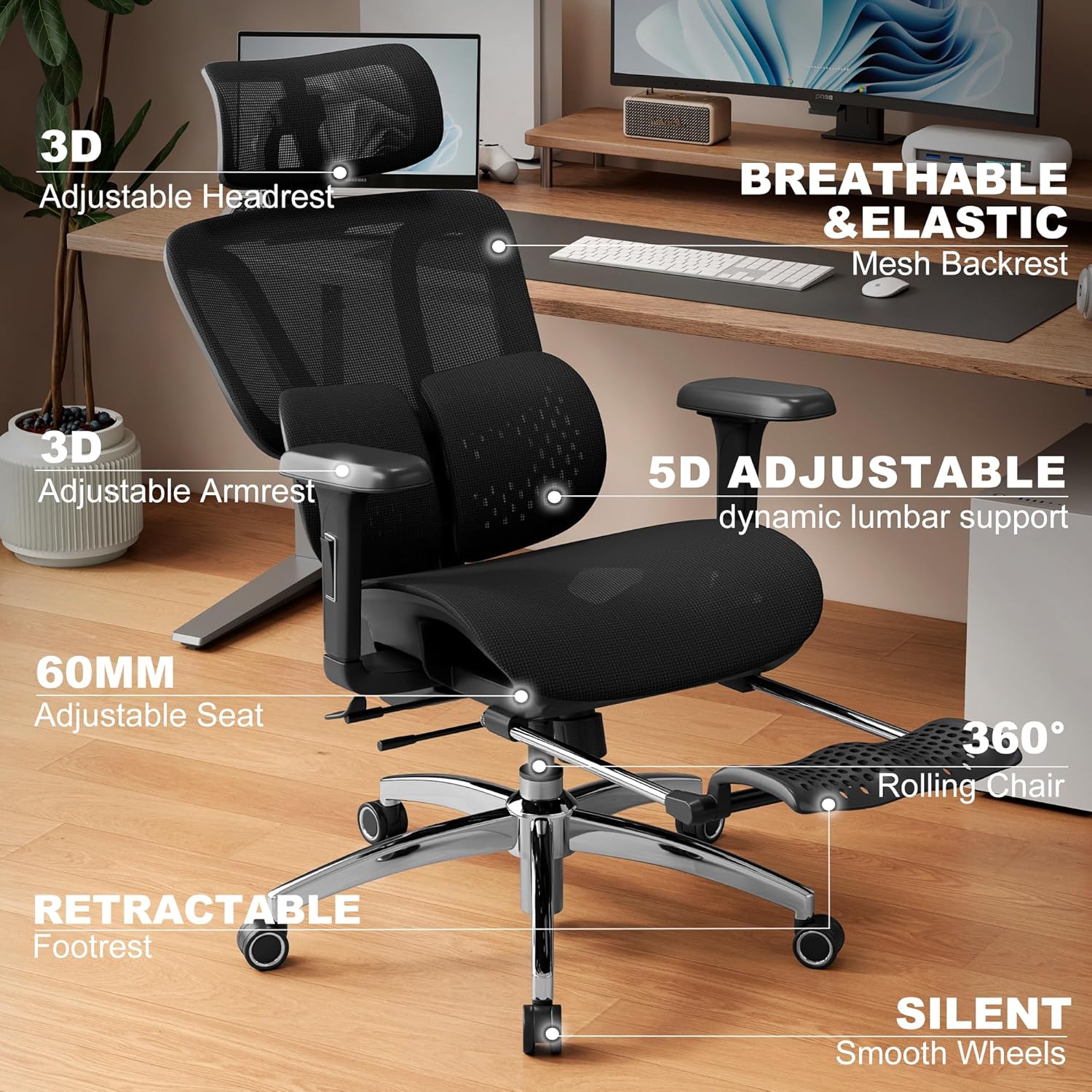 Vonesse Ergonomic Office Chair with Footrest, Desk Chairs with Adjustable 3D Headrest and Armrests, Computer Gaming Chair with Dynamic Lumbar Support & Adjustable Depth Breathable Mesh Seat (Black) - Image 3