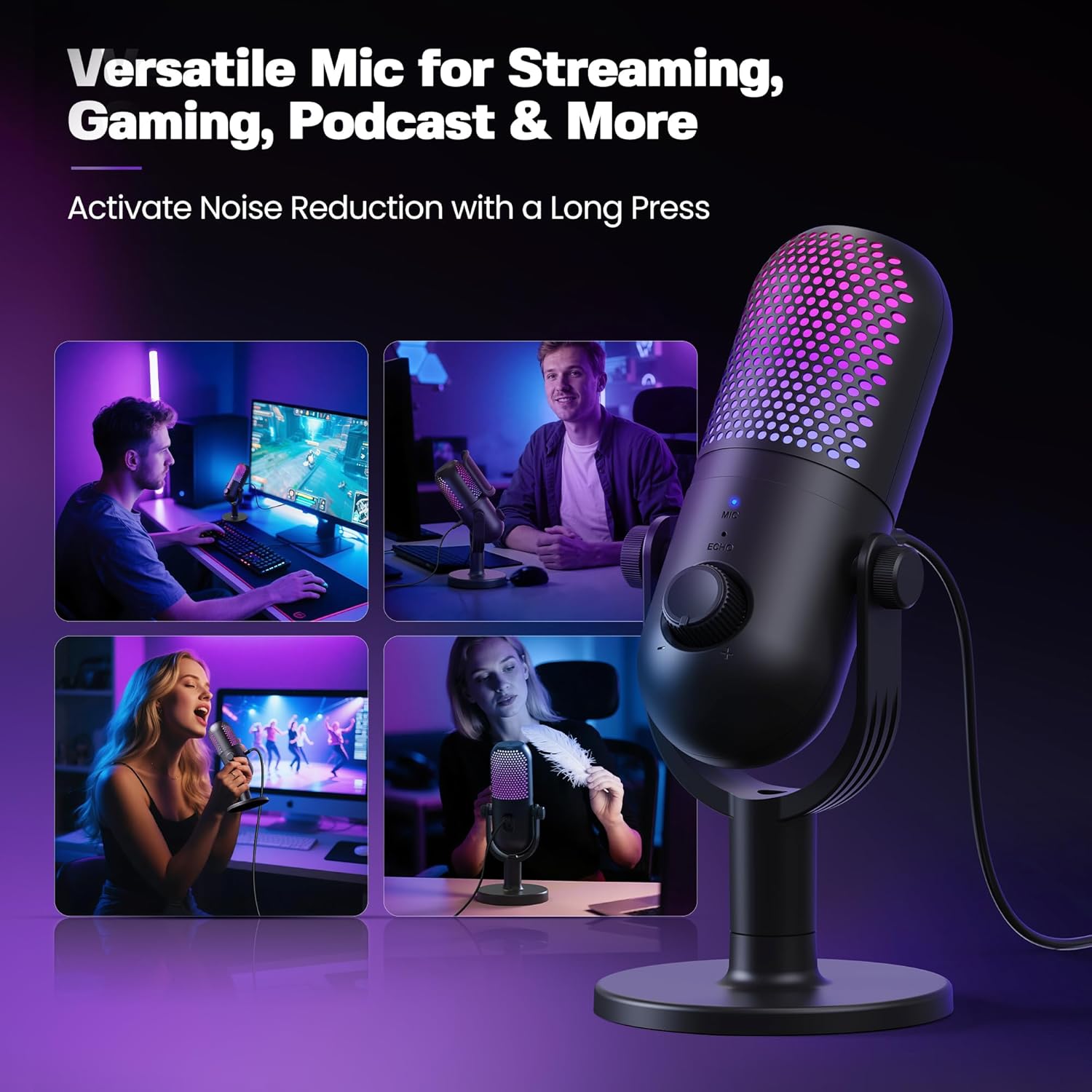 USB Microphone for PC Gaming: Condenser Microphone RGB for Gamer with Stand Mic - Recording Mic for Computer&Laptop with Qiuck Mute - Desk Podcast Mic for Podcast & Singing & Streaming & Youtube Black - Image 7