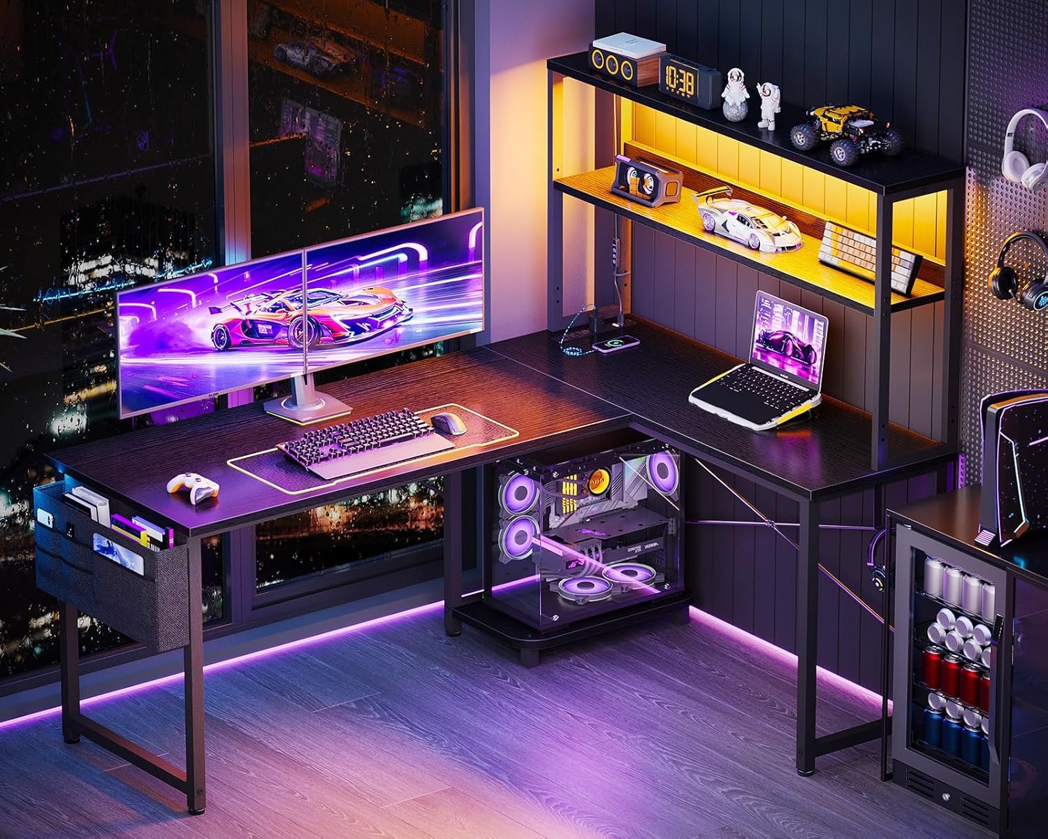 ODK 53 Inch L Shaped Gaming Desk with LED Lighting, Reversible Desk with Power Outlets, Cornor Computer Table with Storage Shelves & Bag & Iron Hook, Home Office Table for Writing, Study, Black - Image 4