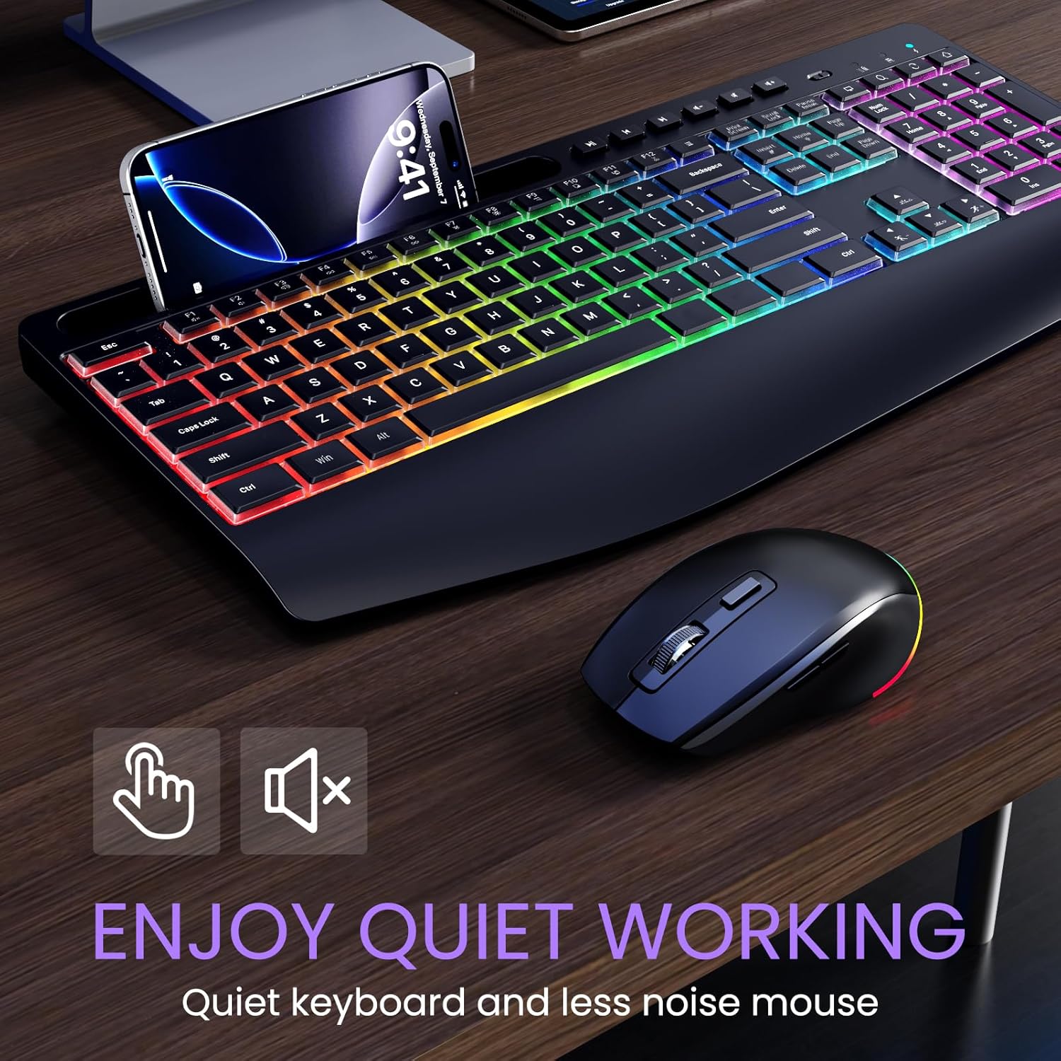 Wireless Keyboard and Mouse Combo- VEILZOR 2.4G Rechargeable Keyboard with Phone Holder, Ergonomic Wrist Rest, 9 RGB Backlit Effects, Silent Keyboard Mouse Set for Windows, Laptop, PC - Image 7