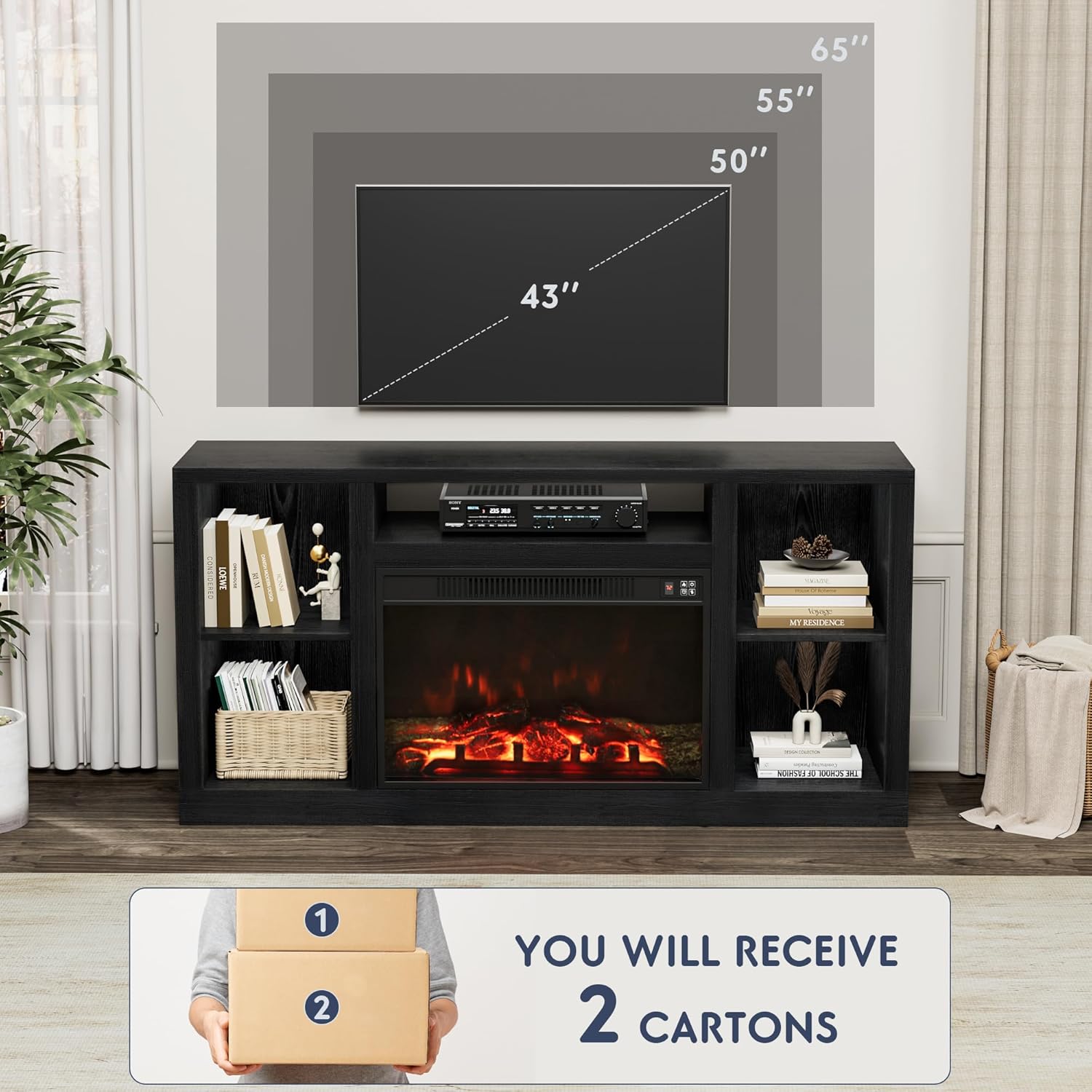Furniwell Fireplace TV Stand for 65 Inch TV, Media Entertainment Center Console Table with 26" Electric Fireplace, Farmhouse TV Stand with Storage Cabinet for Living Room (Black) - Image 6