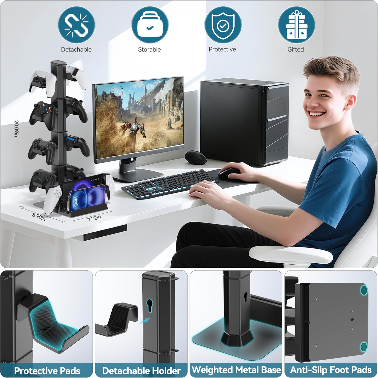 Gaming Headset & Controller Holder Stand for Gamer Gift, Game Headphone Desk Organizer Storage with Cable Hook for Xbox/ PS5/ PS4/ Controller, Nintendo Switch 1/ 2/ PS Portal for Nintendo 64 Consoles - Image 4