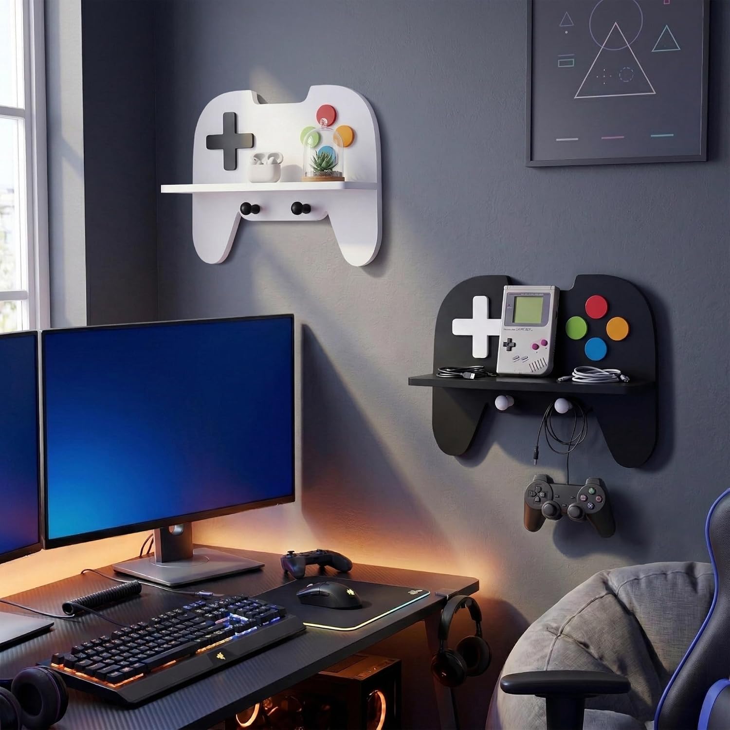 Gaming Room Decor Floating Shelves Set of 2, Controller Wall Shelf with Headphone Hooks, Gamer Wall Decor for Teen Boys Bedroom, Black & White - Image 8
