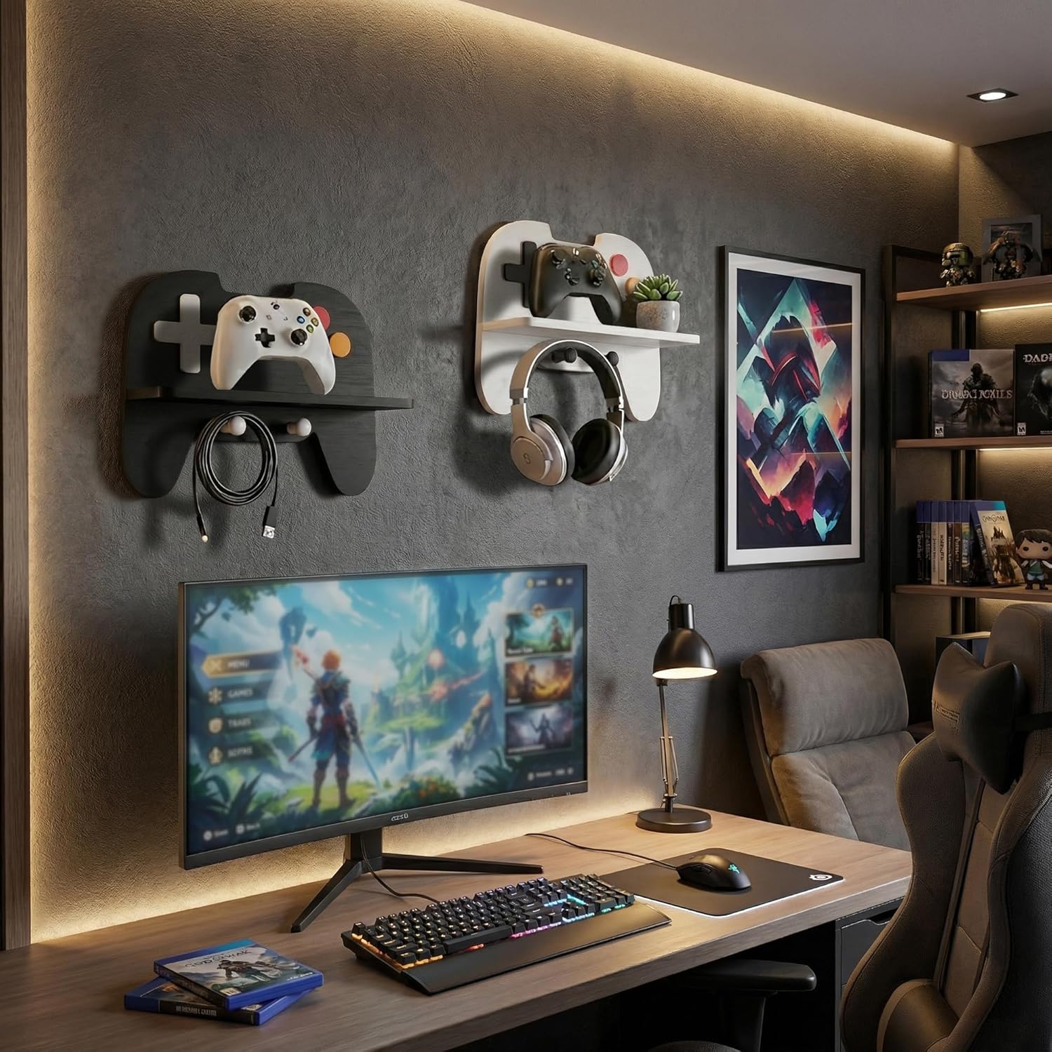 Gaming Room Decor Floating Shelves Set of 2, Controller Wall Shelf with Headphone Hooks, Gamer Wall Decor for Teen Boys Bedroom, Black & White - Image 9