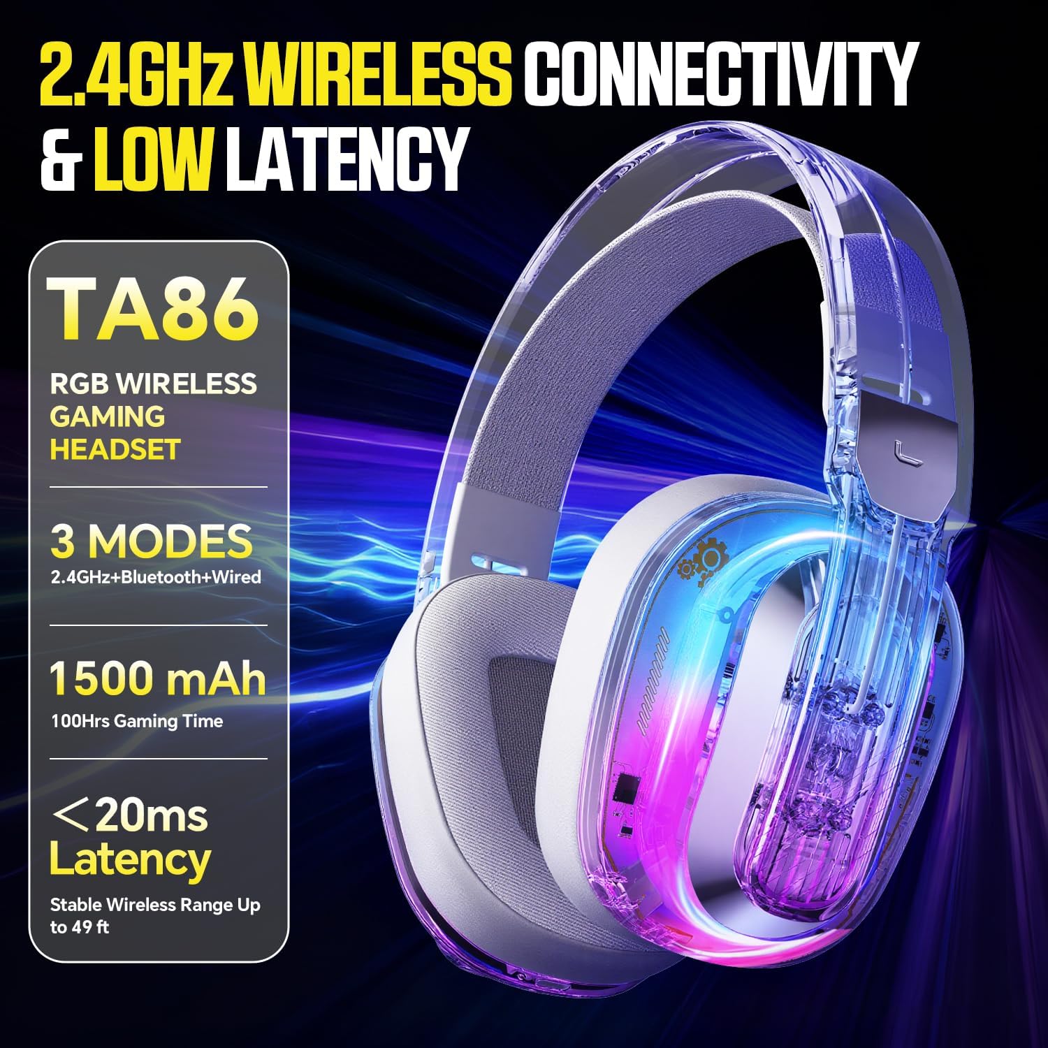 BENGOO Wireless Gaming Headset for PS5, PS4, PC, Switch, Mac, 2.4GHz USB Over Ear Gaming Headphones with Crystal RGB Lights - Image 4