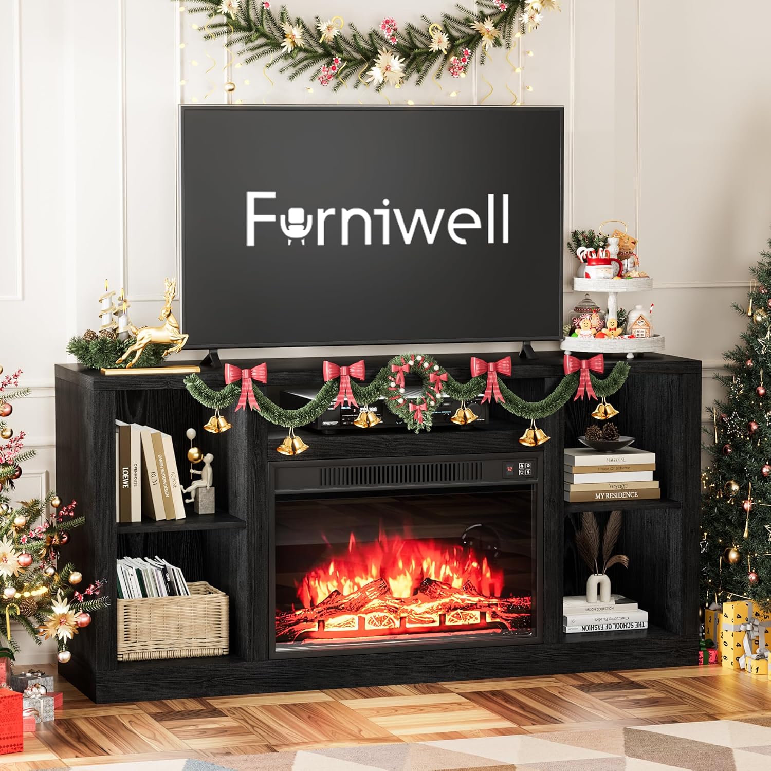 Furniwell Fireplace TV Stand for 65 Inch TV, Media Entertainment Center Console Table with 26" Electric Fireplace, Farmhouse TV Stand with Storage Cabinet for Living Room (Black) - Image 9