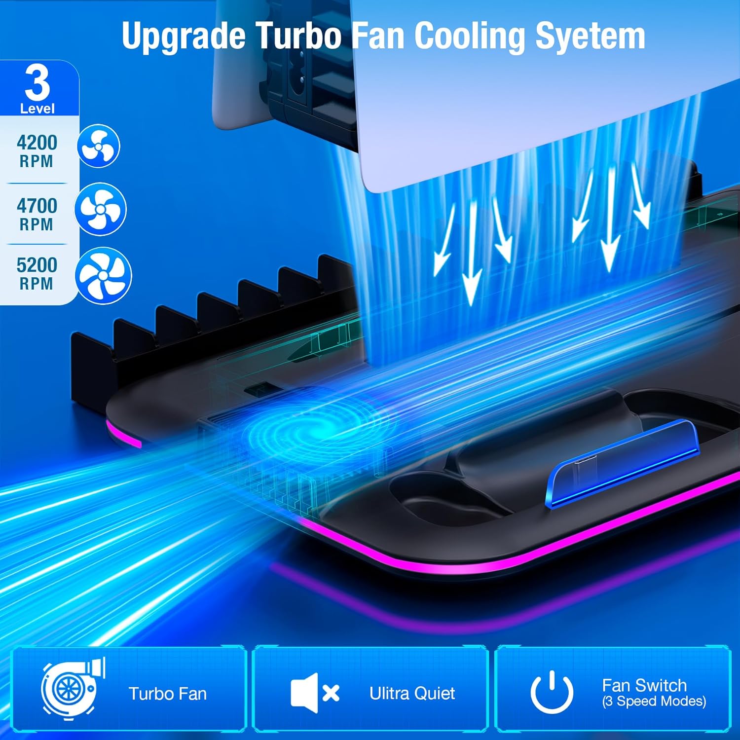PS5/Slim/Pro Stand and Cooling Station with Controller Charging Station for PlayStation 5 Slim/Pro Console, PS5 Controller Charger, Cooling Stand, LED Light, Headset Holder for PS5 Accessories - Image 3
