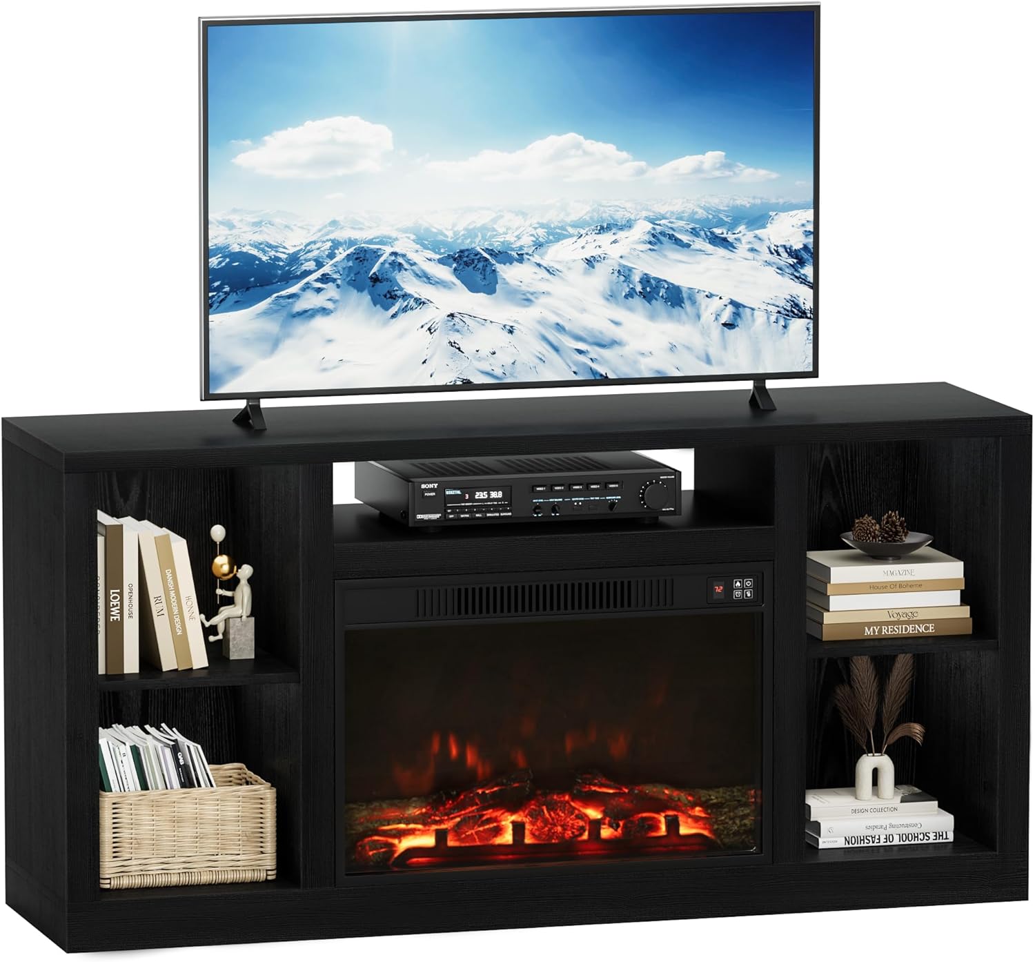 Furniwell Fireplace TV Stand for 65 Inch TV, Media Entertainment Center Console Table with 26" Electric Fireplace, Farmhouse TV Stand with Storage Cabinet for Living Room (Black) - Image 7
