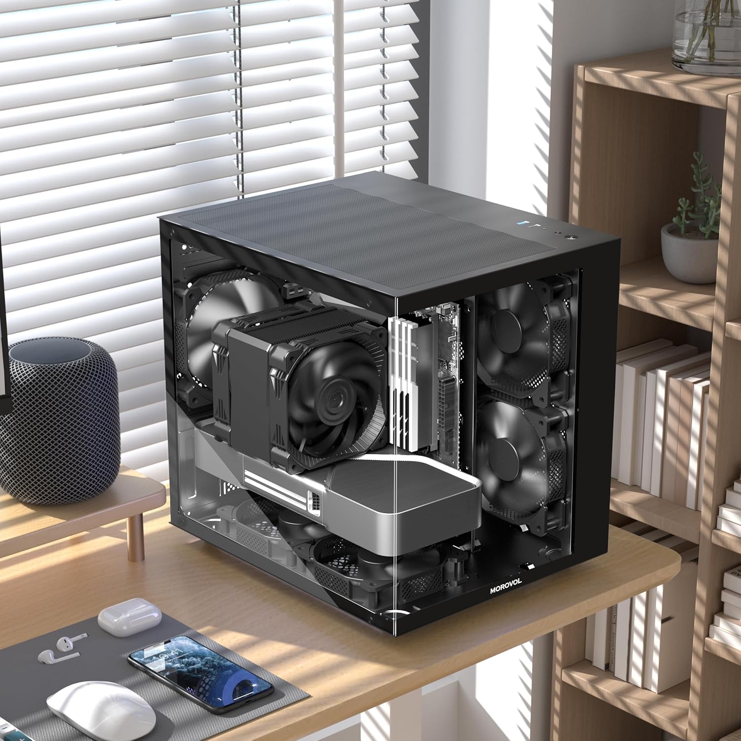 MOROVOL MATX PC Case,270° Panoramic Tempered Glass Panel Gaming PC Case,3 Fans Pre-Installed Micro-ATX Computer Case,USB 3.0,Black(V3) - Image 6