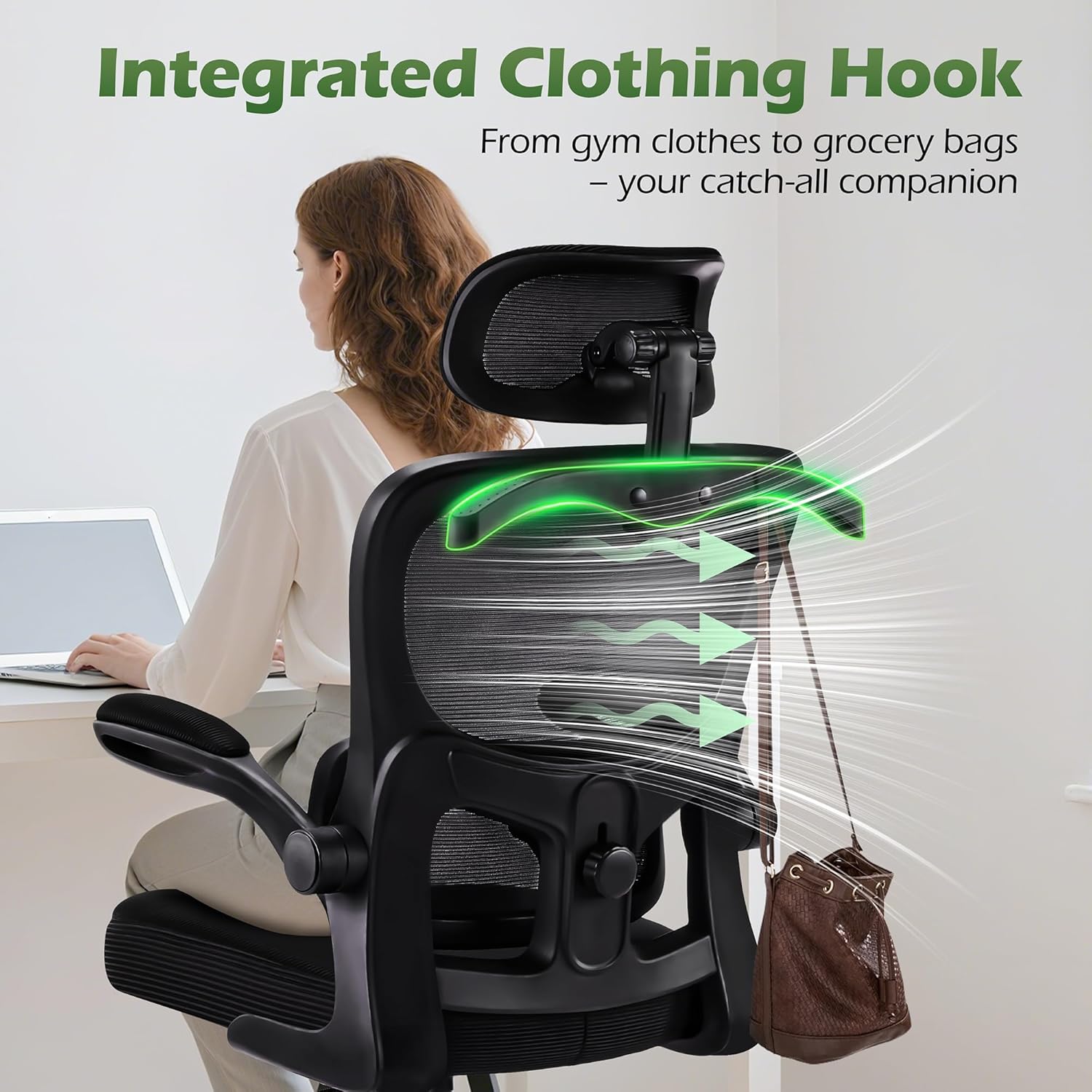 AreShark Office Chair Ergonomic Desk Chairs with Adjustable Lumbar Support& Headrest Hanger, High Back Breathable Mesh Chair with Wheels, Rolling Swivel Comfy Task Computer Chair for Home Work Gaming - Image 9
