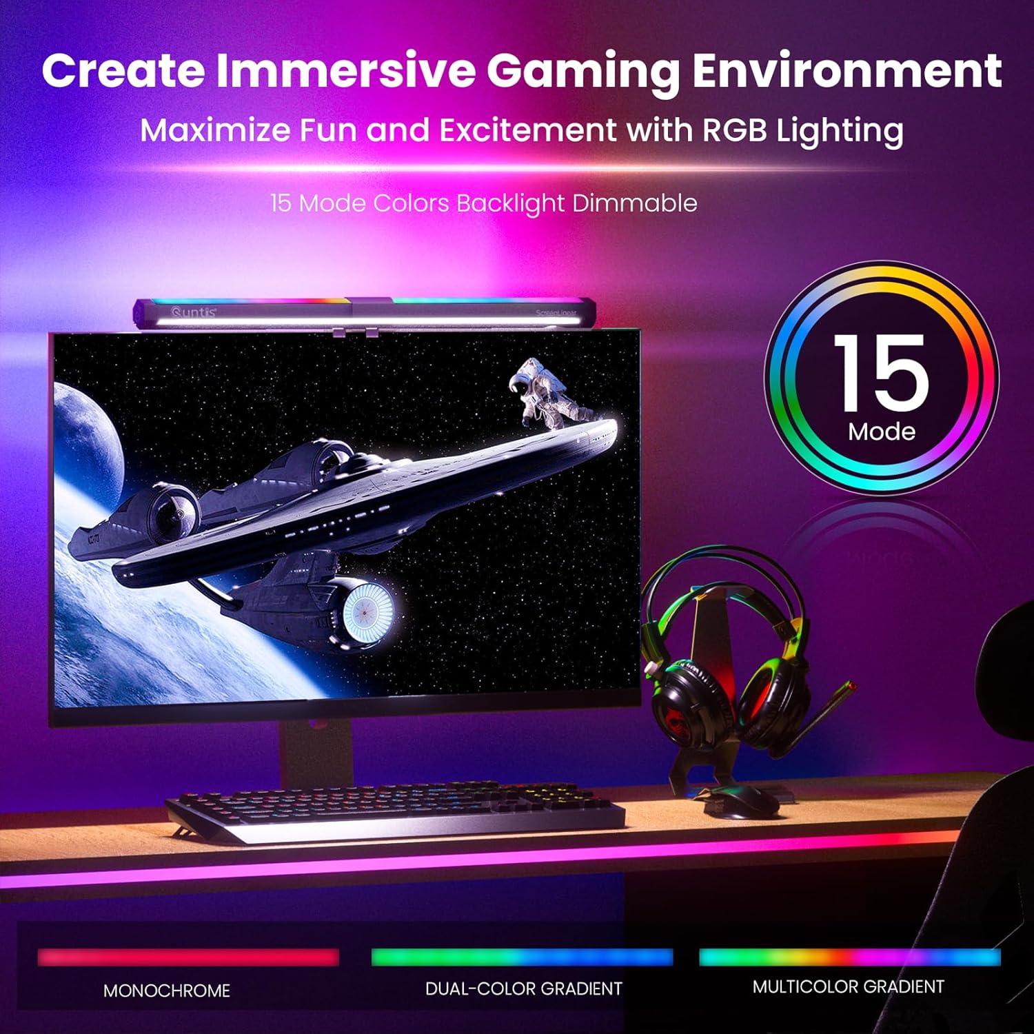 Quntis Monitor Light RGB Backlight, Eye-Care Computer Lights Bar Gaming Office Desk Lamp, 15 Modes Backlight, 3 Color Temperature & Brightness Dimmable Front Light, Ra95 Screen No Glare Monitor Lamp - Image 4