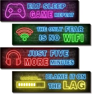 4 Pcs Printed Neon Gaming Posters, ...